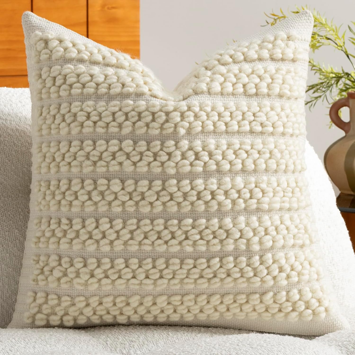 DEZENE Wool Boucle Throw Pillow Cover Premium Chic Accents Square Textured Decorative Pillow Case for Living Room Couch Sofa Home Decor 18"x18" Beige