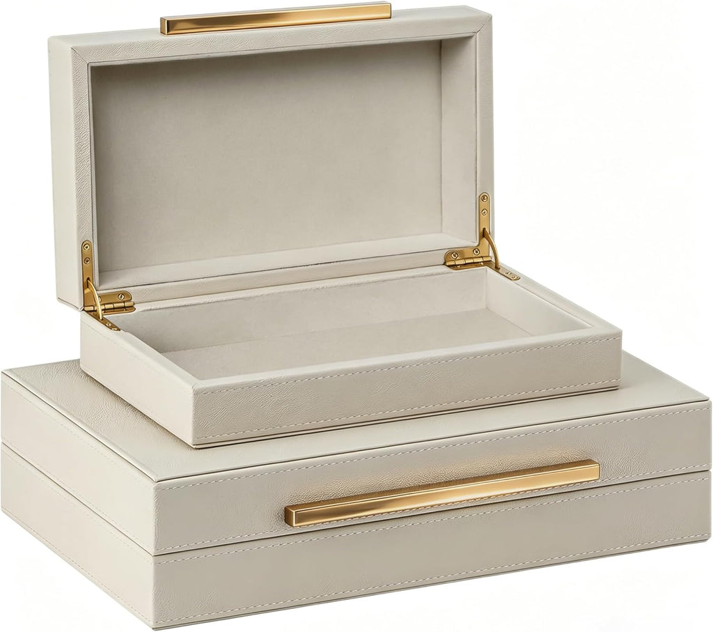 Set of 2 Shagreen Decorative Box, Modern Faux Leather Beige Decorative Storage Boxes with Lids and Metal Handles, Jewelry & Memory Box for Home, Office Decor (Beige+Gold Handles)