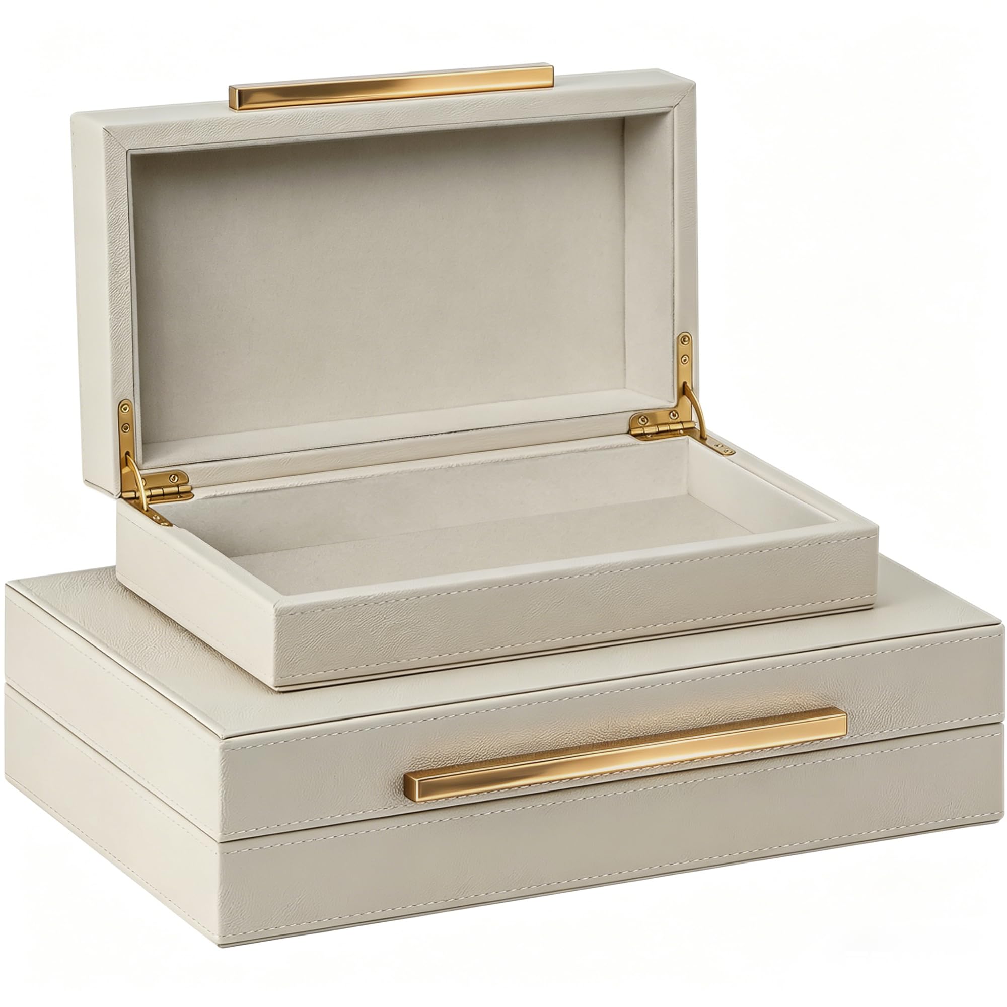 Set of 2 Shagreen Decorative Box, Modern Faux Leather Beige Decorative Storage Boxes with Lids and Metal Handles, Jewelry & Memory Box for Home, Office Decor (Beige+Gold Handles)