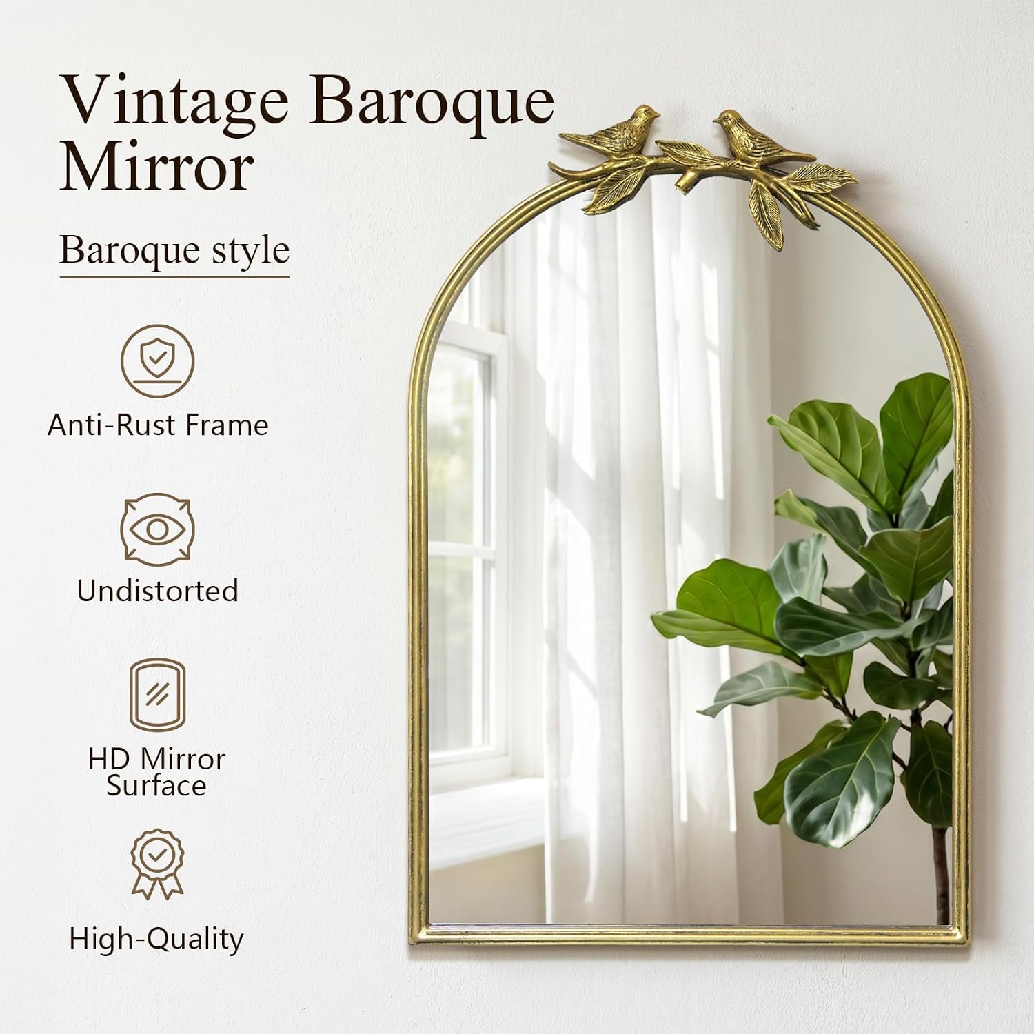 Antique Baroque Vintage Vanity Mirror 30x20Inch, Gold with Ornate Antique Frame, Arched Vintage Wall Mirror for Living Room, Fireplace, Entryway