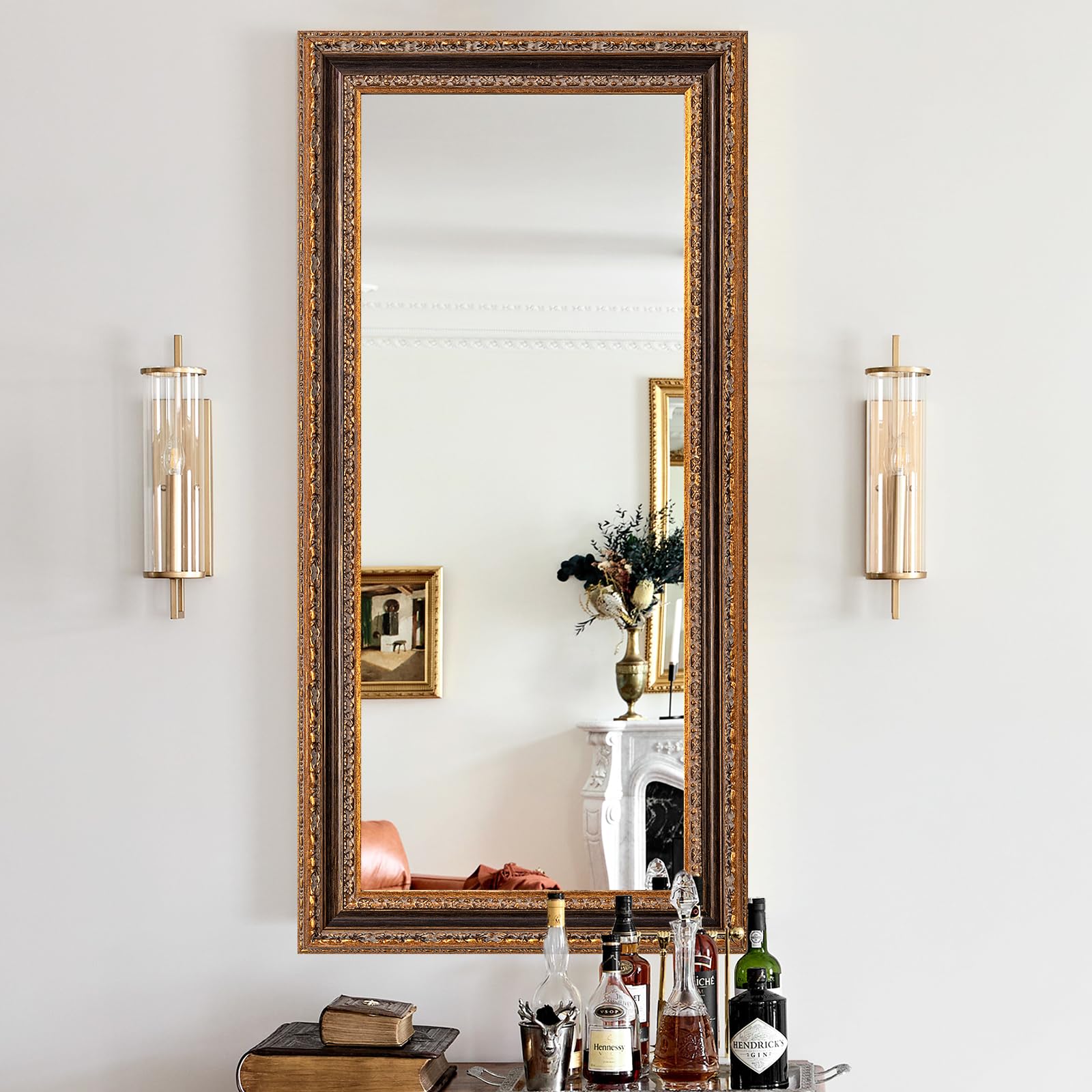 Large Decorative Mirror for Living Room, 53.5" X 30", Vintage Ornate Carvings Wood Frame, Big Vanity Rectangular Mirror for Bedroom, Dining Room, Fireplace and Bathroom