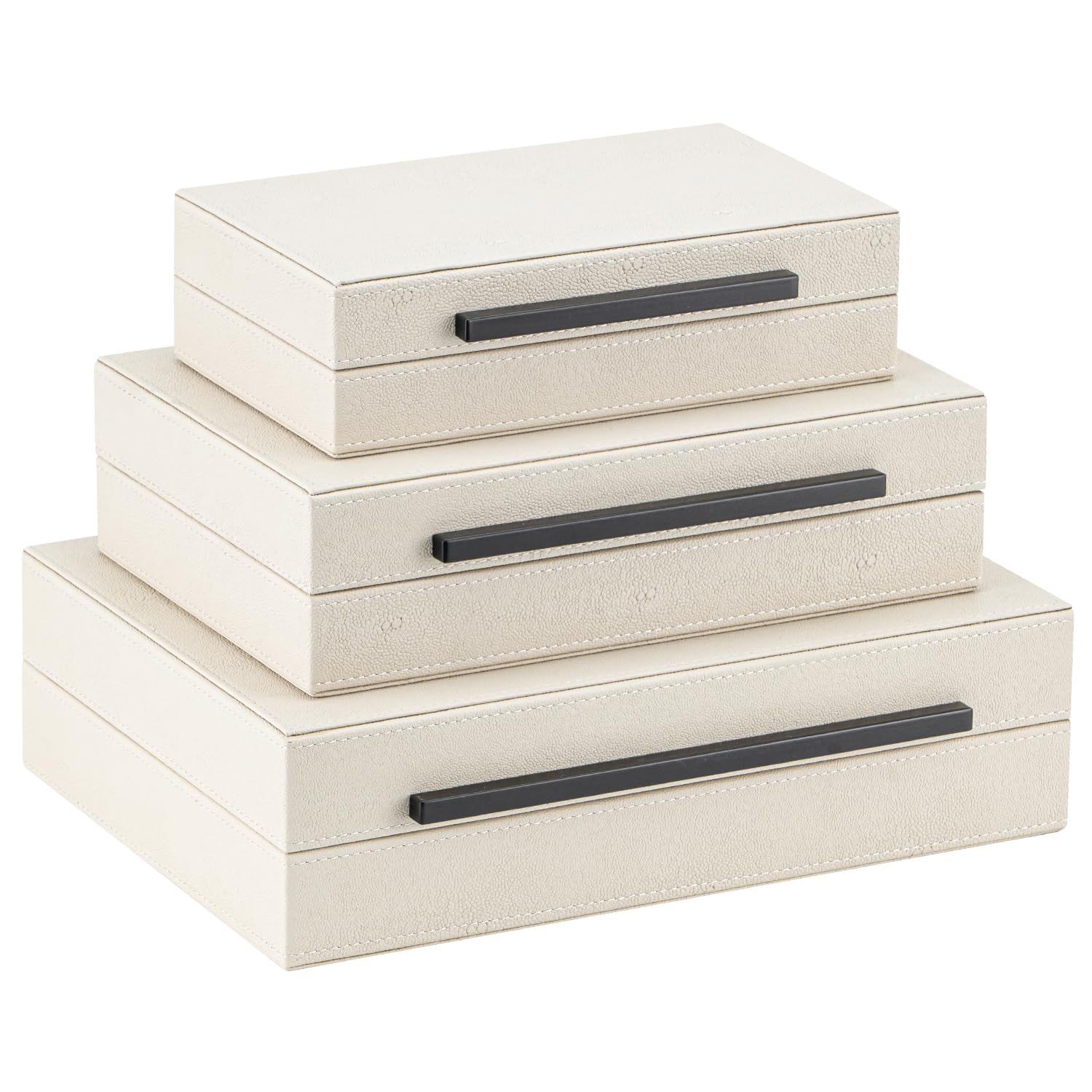 XIGEXIGE Faux Leather Large Modern Stackable Nesting Jewelry Box with Lids Organizer – Set of 2 Beige Shagreen Decorative Storage Boxes with Gold Metal Handles