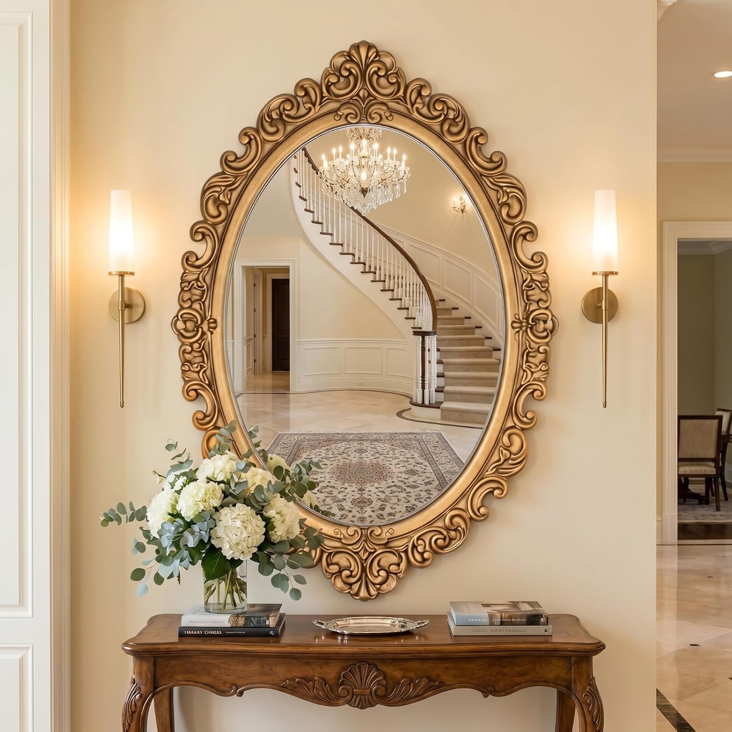 Vercraft 24" x 36" Vintage Gold Mirror for Wall, Antique Gold Oval Baroque Mirror with Imitation Resin Frame, Ornate Wall Decor for Entryway, Fireplace, Living Room, Hallway