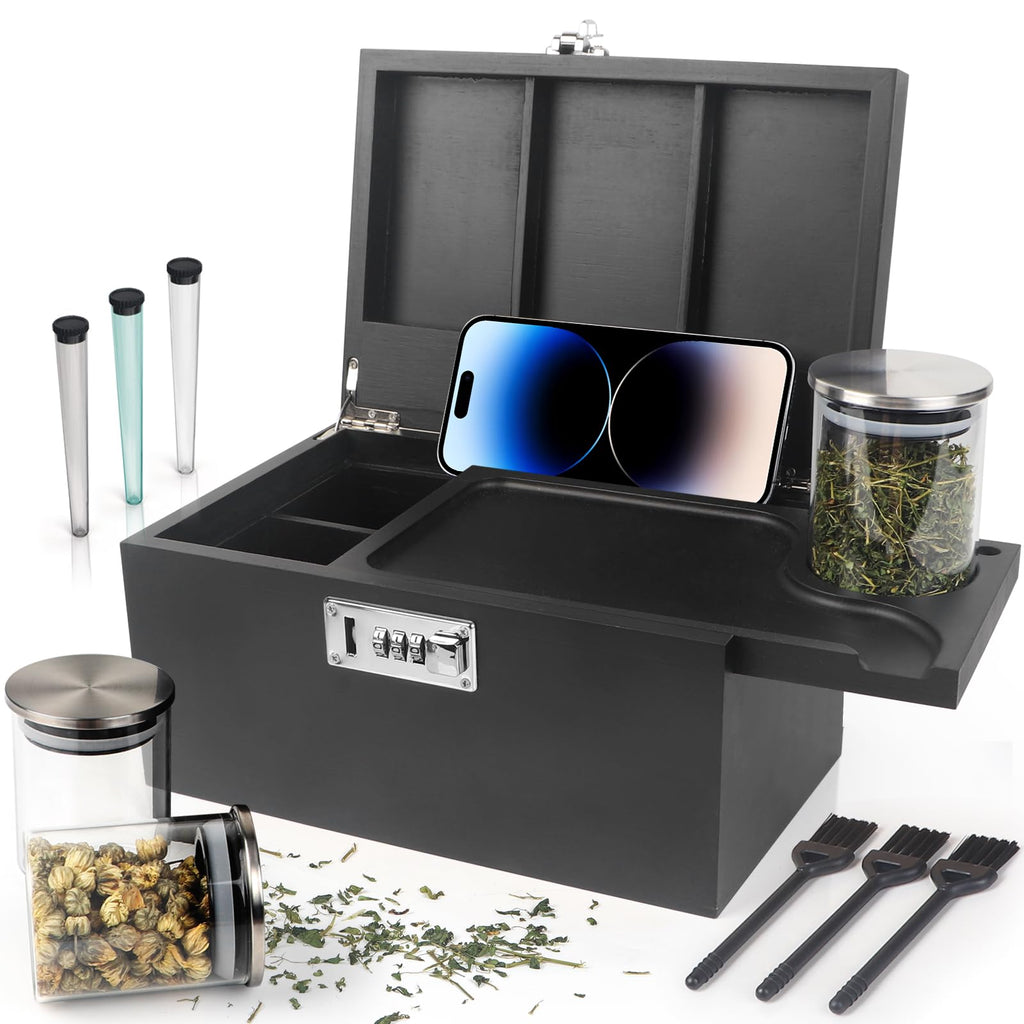 Large Green Bamboo Box with Combination Lock, Decorative Storage Box with Removable Tray & Detachable Compartment, Wooden Boxes with Alright Jars & Brushes & Storage Tubes as Great Gift Choice.