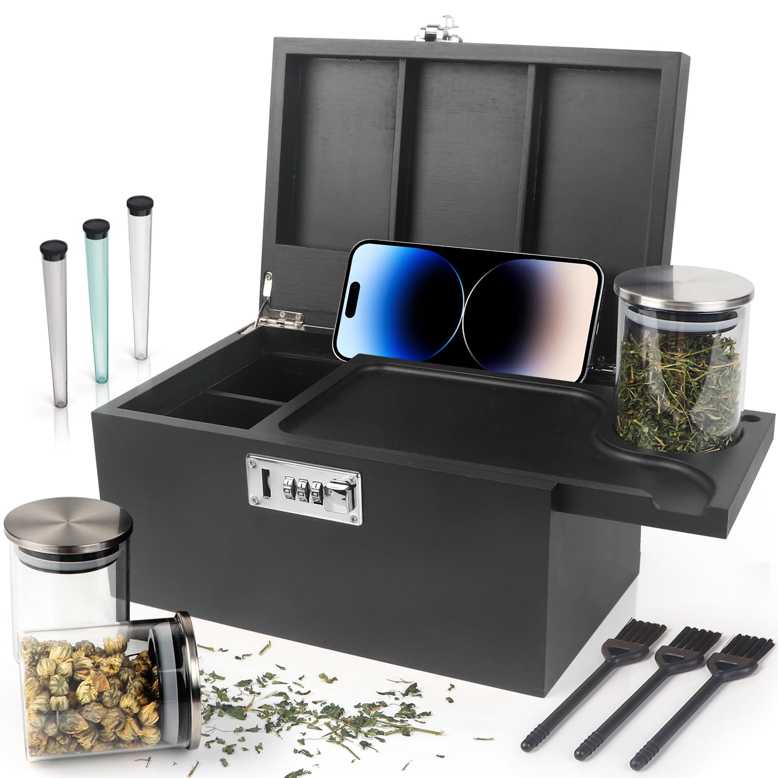 Large Green Bamboo Box with Combination Lock, Decorative Storage Box with Removable Tray & Detachable Compartment, Wooden Boxes with Alright Jars & Brushes & Storage Tubes as Great Gift Choice.
