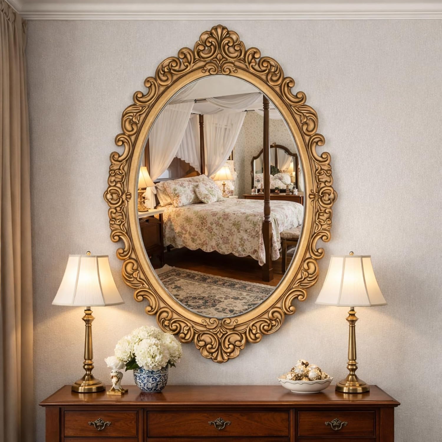 Vercraft 24" x 36" Vintage Gold Mirror for Wall, Antique Gold Oval Baroque Mirror with Imitation Resin Frame, Ornate Wall Decor for Entryway, Fireplace, Living Room, Hallway