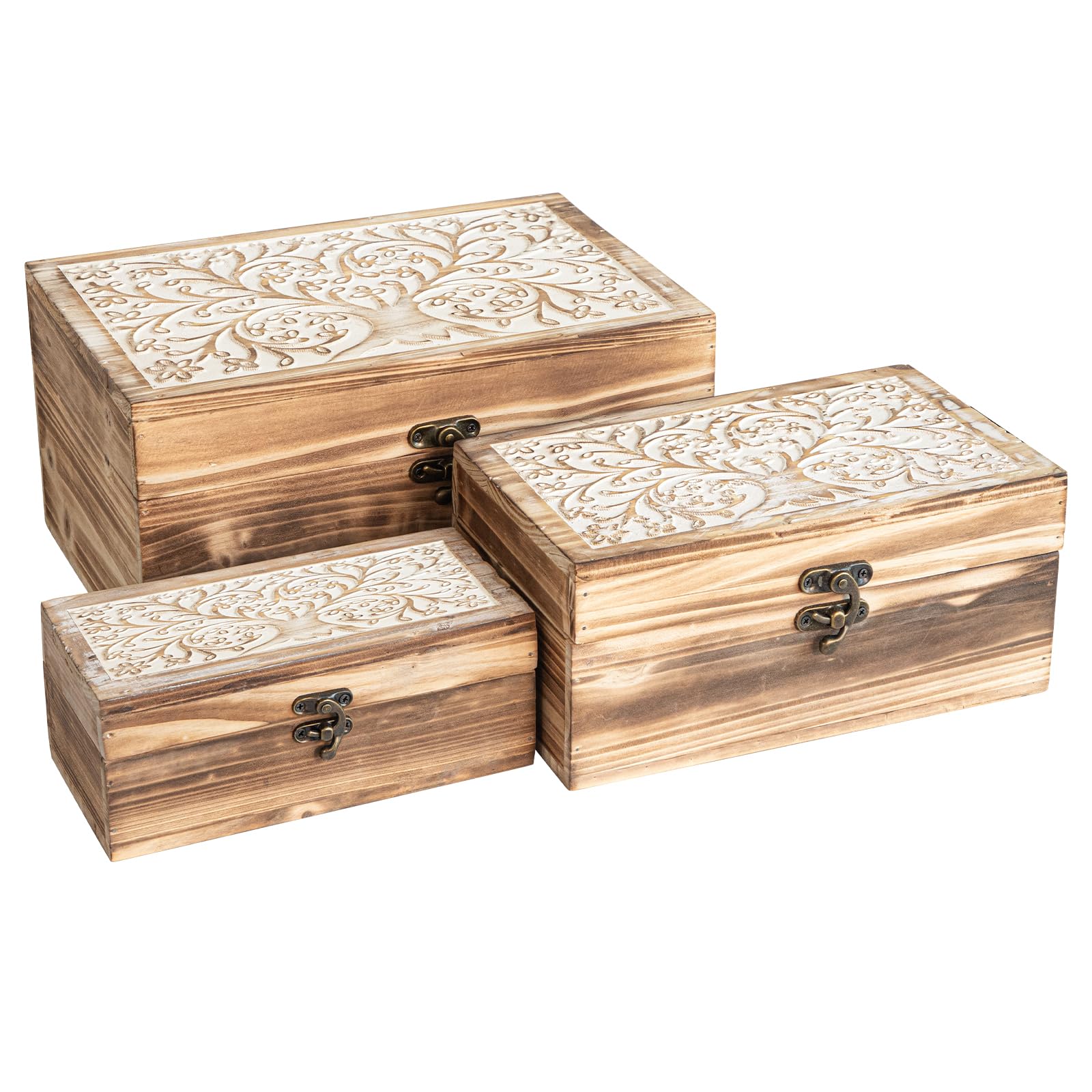 3 Piece Tree of Life Carved Wooden Keepsake Boxes with Lids, Decorative Storage Boxes for Home decor, Trinket Box for Jewelry and Memorabilia