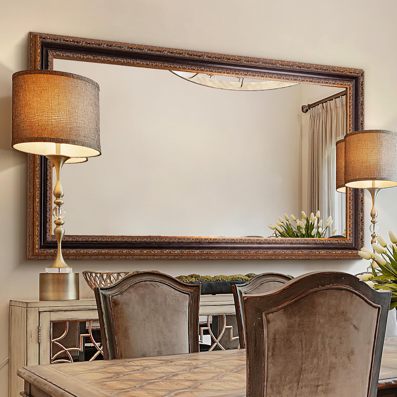 Large Decorative Mirror for Living Room, 53.5" X 30", Vintage Ornate Carvings Wood Frame, Big Vanity Rectangular Mirror for Bedroom, Dining Room, Fireplace and Bathroom