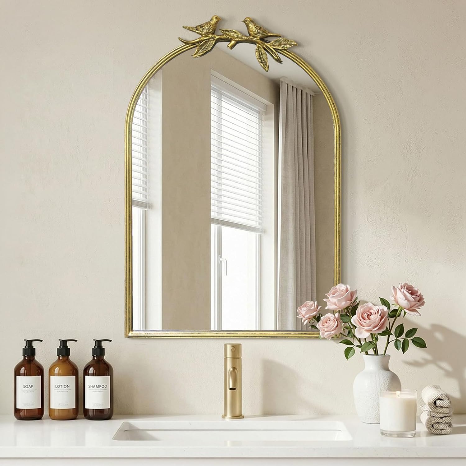 Antique Baroque Vintage Vanity Mirror 30x20Inch, Gold with Ornate Antique Frame, Arched Vintage Wall Mirror for Living Room, Fireplace, Entryway