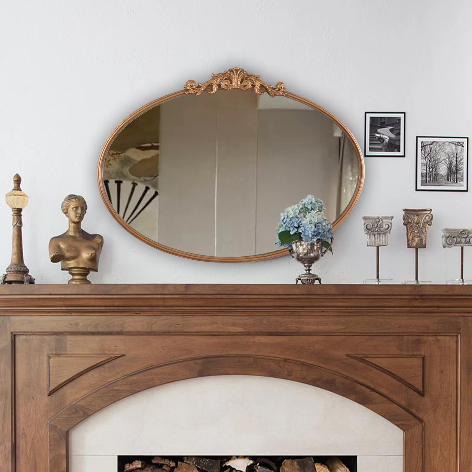 OUSHUAI Gold Traditional Vintage Ornate Baroque Mirror,Gold Brass Mirror for Wall,Victorian Antique Bronze Mirrors Arched for Bathroom/Living Room/Hallway/Fireplace 19"X27"