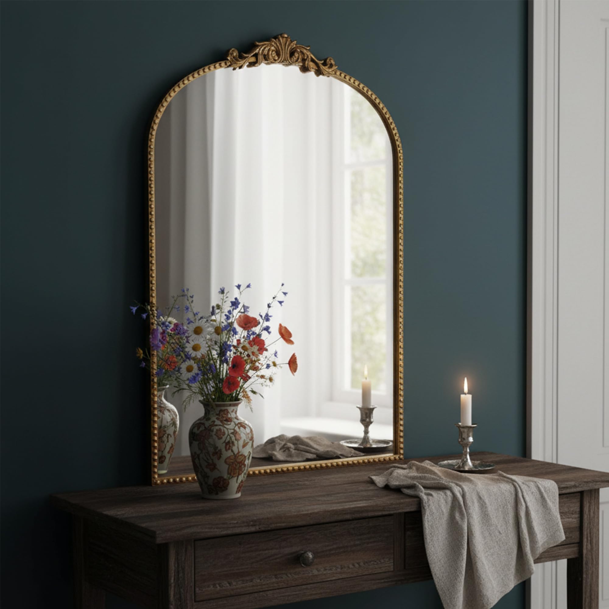 ZIYOO Vintage Baroque Round Wall Mirror 24"x24", Black Ornate Carved Frame Decor Mirror for Entryway Living Room Bedroom Hallway (Black Metal,24"x24")