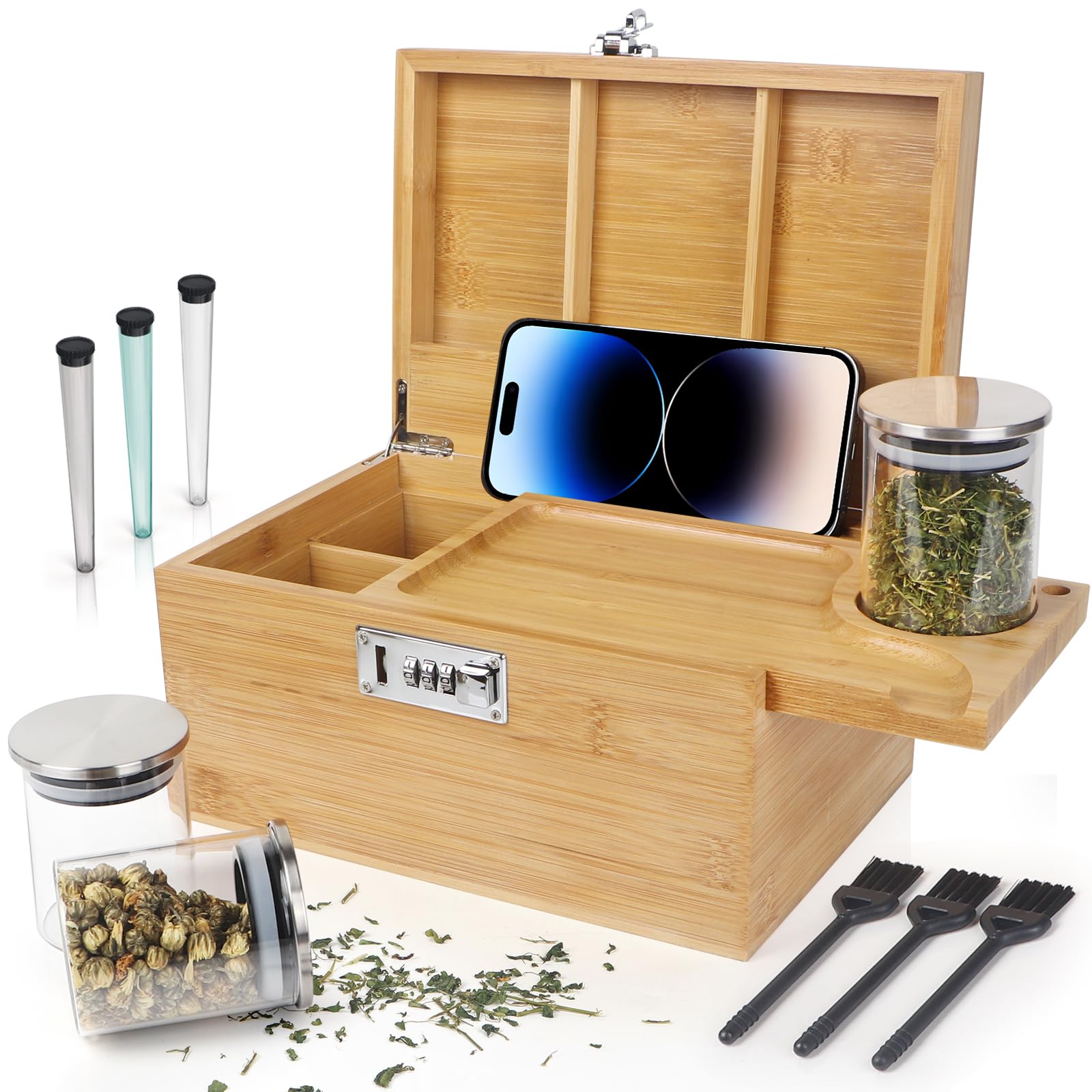 Large Green Bamboo Box with Combination Lock, Decorative Storage Box with Removable Tray & Detachable Compartment, Wooden Boxes with Alright Jars & Brushes & Storage Tubes as Great Gift Choice.