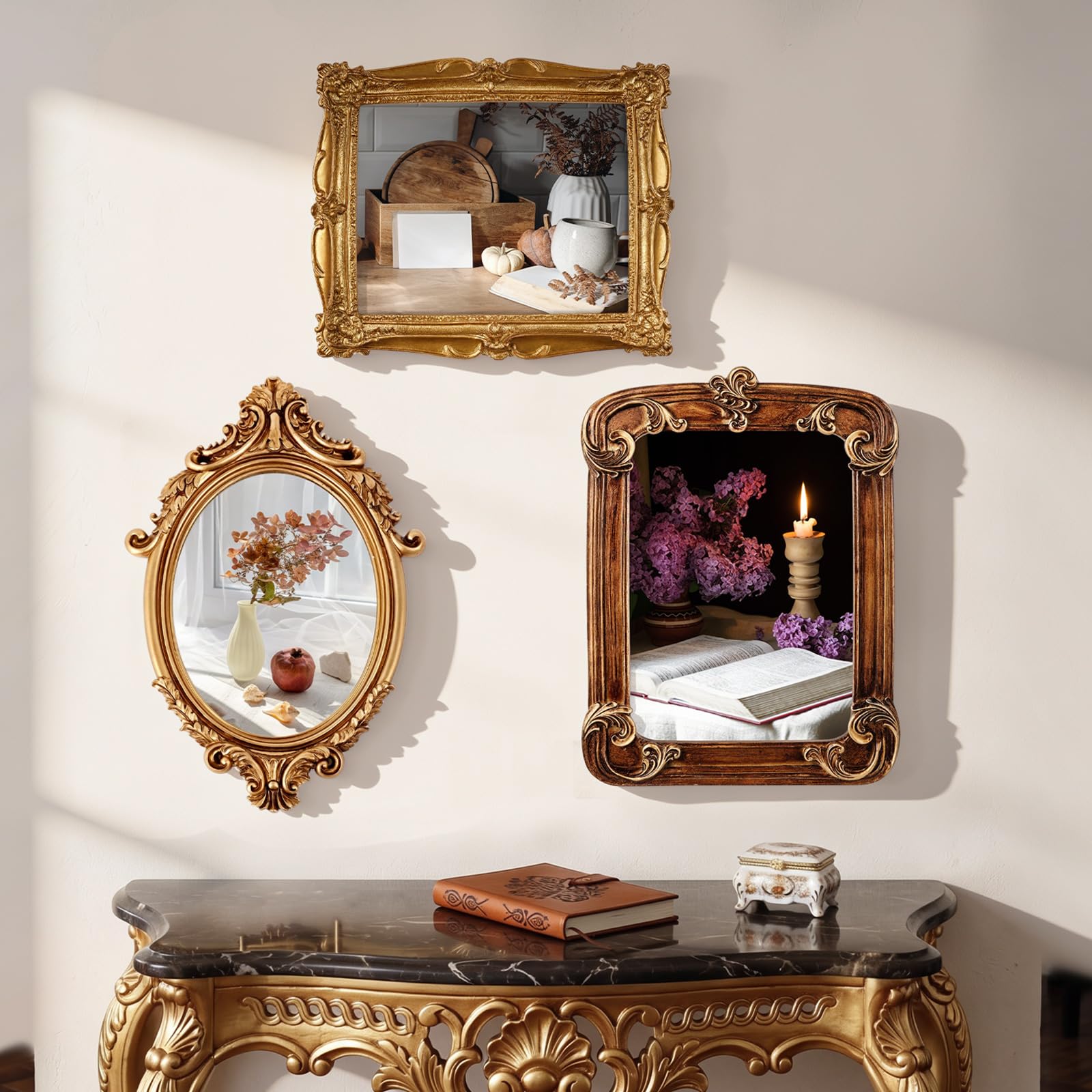 Wonderjune 3 Pcs Large Vintage Picture Frames 10" 12" Antique Picture Frame,Clear Glass Rustic Frames Retro Home Decor Wall Mount for Gallery Art Oval Square, Bronze Gold (Vintage)