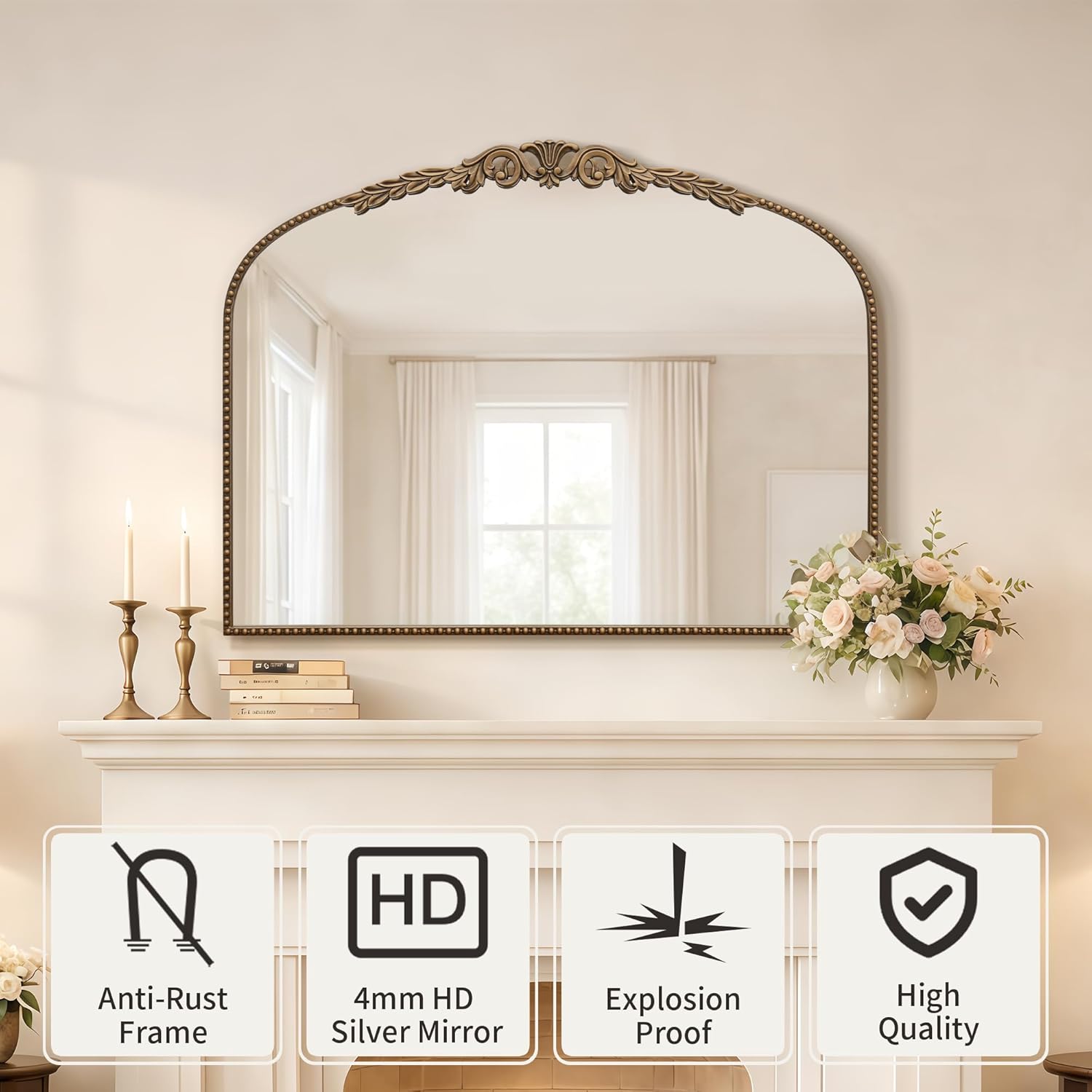 Besdomus Gold Large Arched Mirror: 40"x29" French Baroque Vintage Mirror - Traditional Ornate Antique for Mantel/Bedroom/Entryway/Bathroom/Hallway - Home Decor for Fashion-Conscious