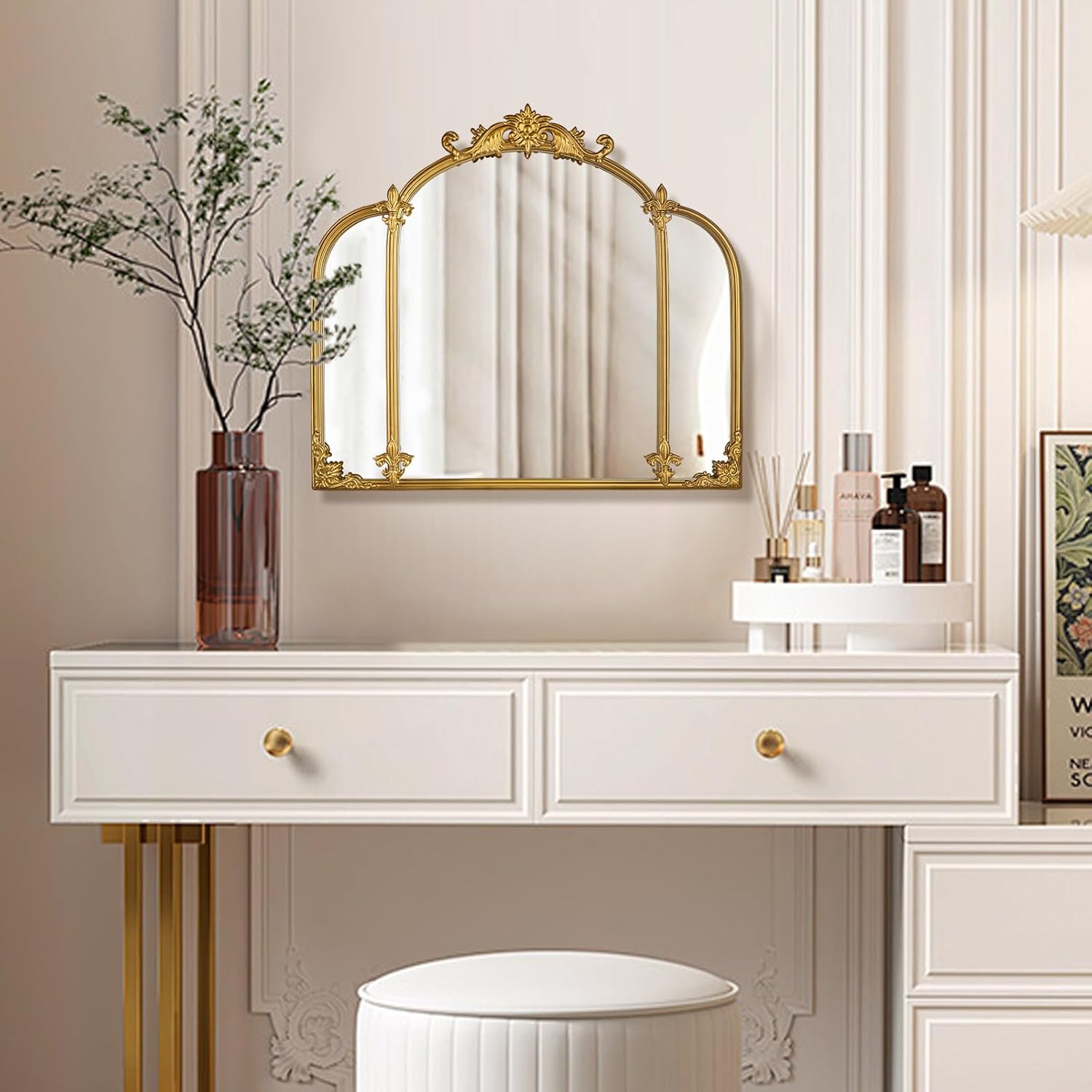 24"x22" Gold Arch Wall Mirror, Vintage Ornate Baroque Mirror with Metal Frame, Decorative Vanity Mirror for Dresser, Bedroom, Bathroom, Fireplace, Entryway, Hallway