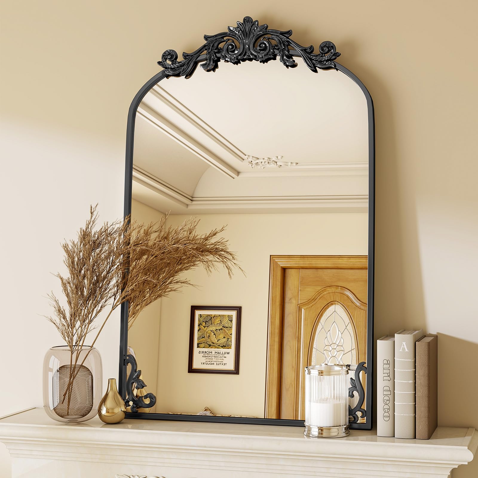 VooBang Vintage Arched Bathroom Mirror, 24x36 Inch Retro Wall Mounted Vanity Mirror with Carved Pattern Top and Metal Frame, Antique Decorative Mirror for Hanging or Leaning