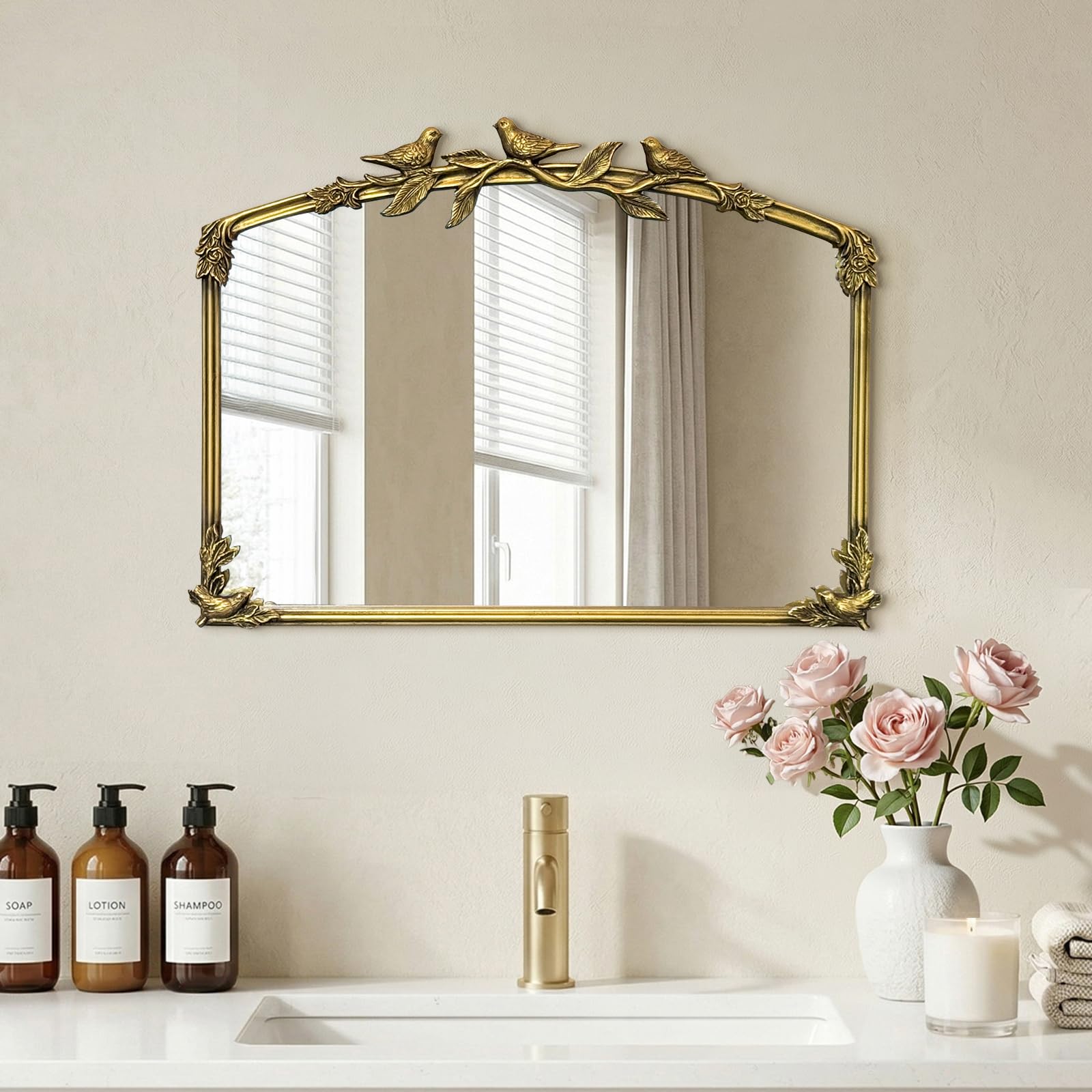 Antique Baroque Vintage Vanity Mirror 30x20Inch, Gold with Ornate Antique Frame, Arched Vintage Wall Mirror for Living Room, Fireplace, Entryway