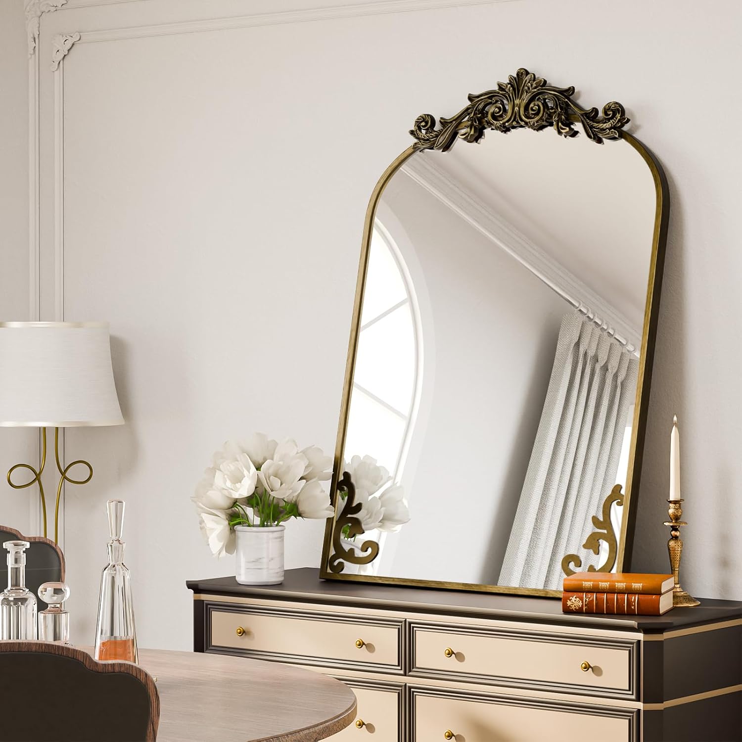 Koonmi Vintage Mirror, 24x36 Antique Barolon Mirror for Wall, Bronze Frame with Ornate Patterns, Flower Head, Shatter-Proof Tempered Glass Arched Decorative Mirrors for Bathroom