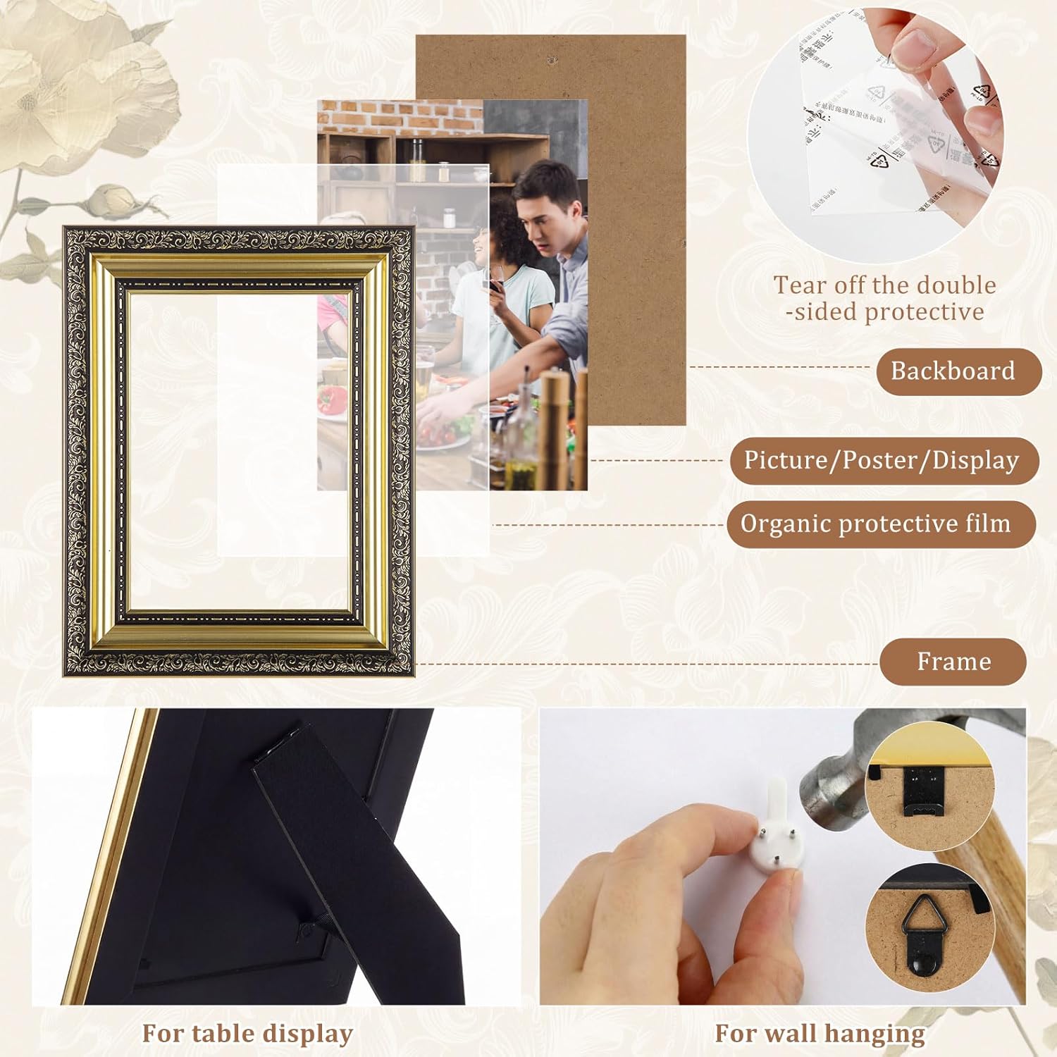 Kathfly 20 Pack Vintage Picture Frames for Wall or Tabletop Display Ornate Vintage Picture Frame 8x10 5x7 4x6 3.5x5 French Country Photo Frame for Gallery Farmhouse Bedroom Living Room Decor(Retro)