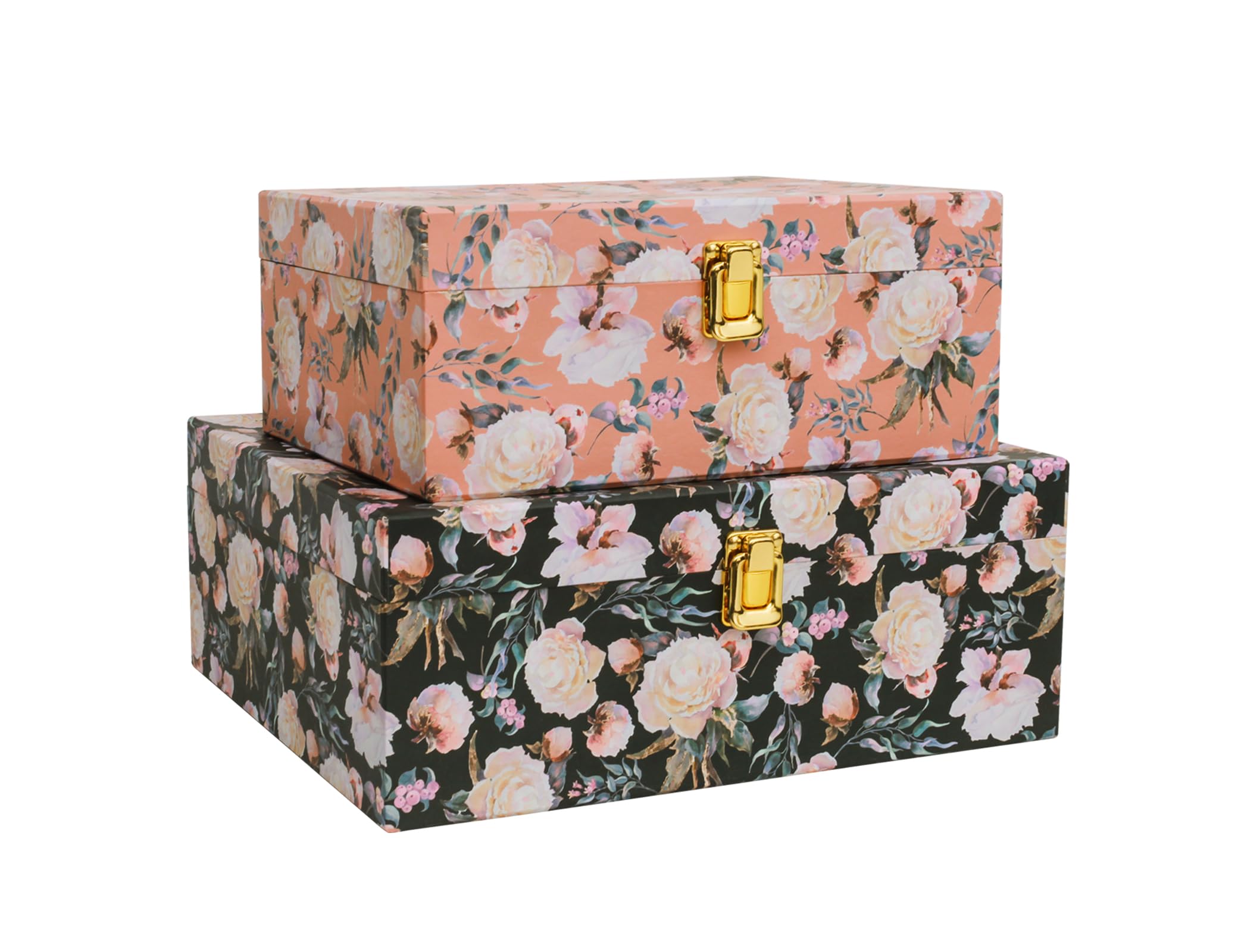 2-Piece Decorative Storage Boxes with Lids, Illustrated Botanical Floral Design in Soft Vintage Tones, Keepsake Boxes with Decorative Metal Closure, Memory Storage Boxes for Home Décor
