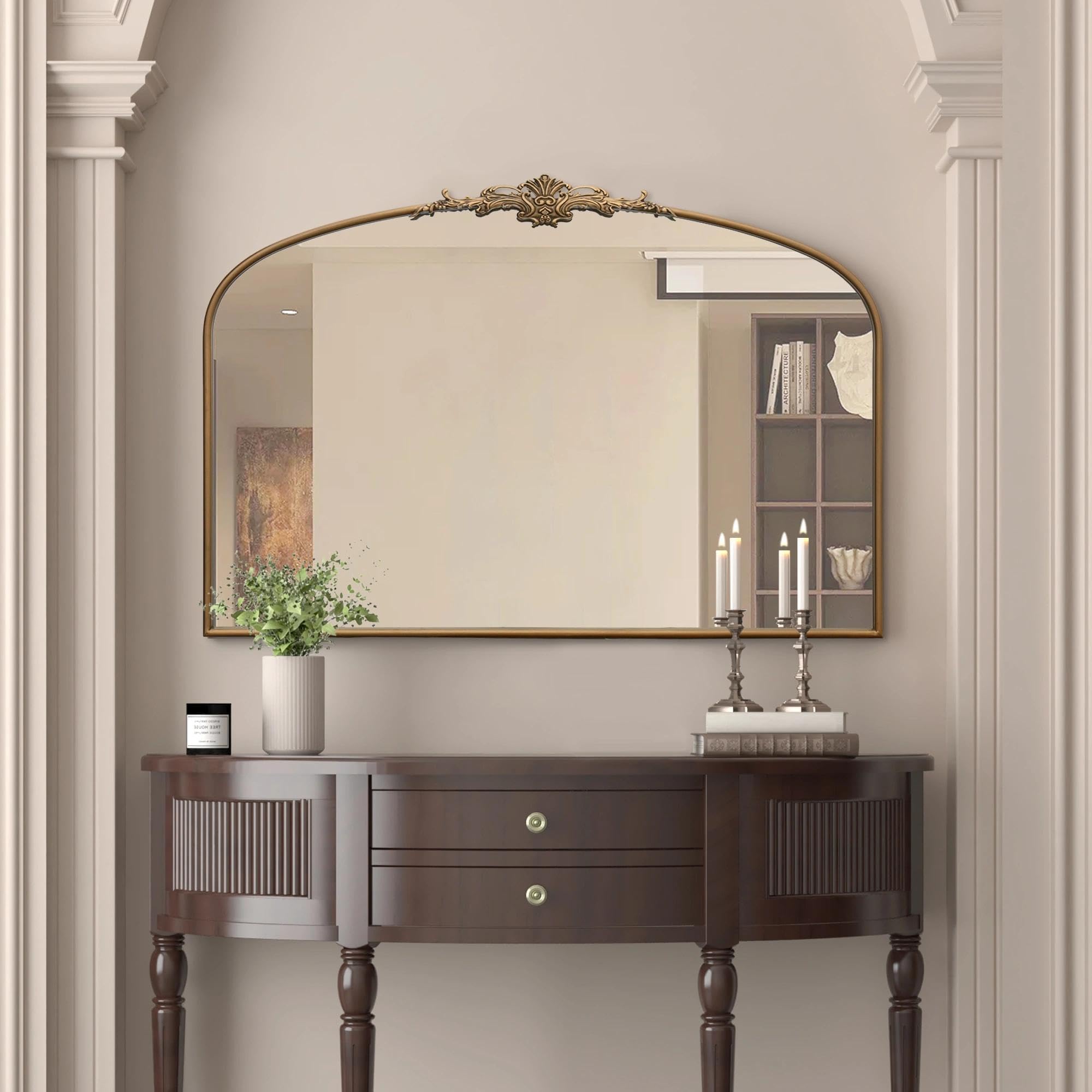 Besdomus Vintage Arched Gold Mirror: 40"x29" French Large Brass Antique Wall Vanity Mirror - Decorative Baroque Traditional Ornate for Entryway/Fireplace/Bathroom/Bedroom - Ideal for Home Renovations