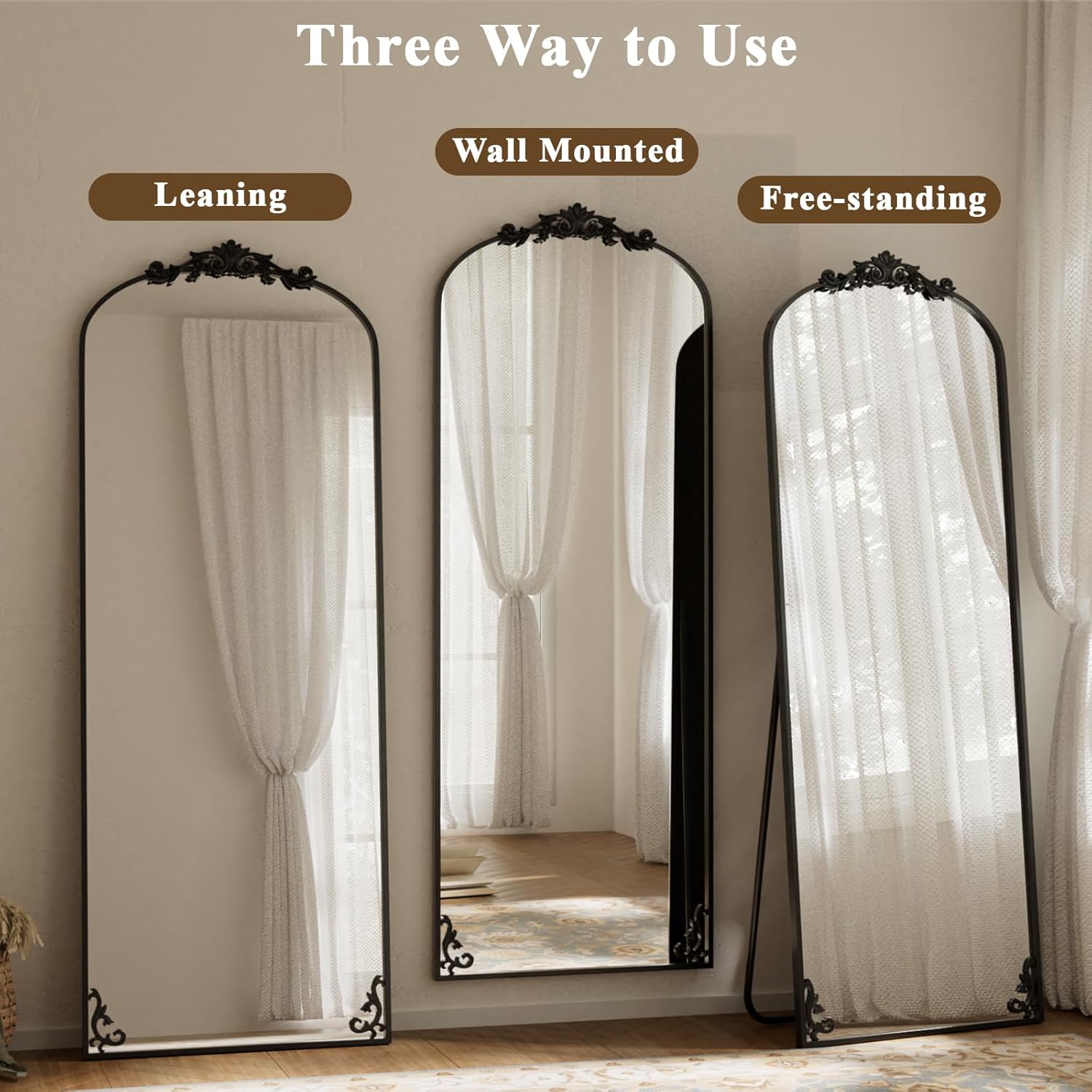 BEAUTYPEAK 56"x21" Arch Mirror Full Length, Traditional Vintage Ornate Baroque Mirror with Bottom Corner Pattern, Hanging or Leaning for Entryway/Bathroom/Fireplace/Bathroom, Black