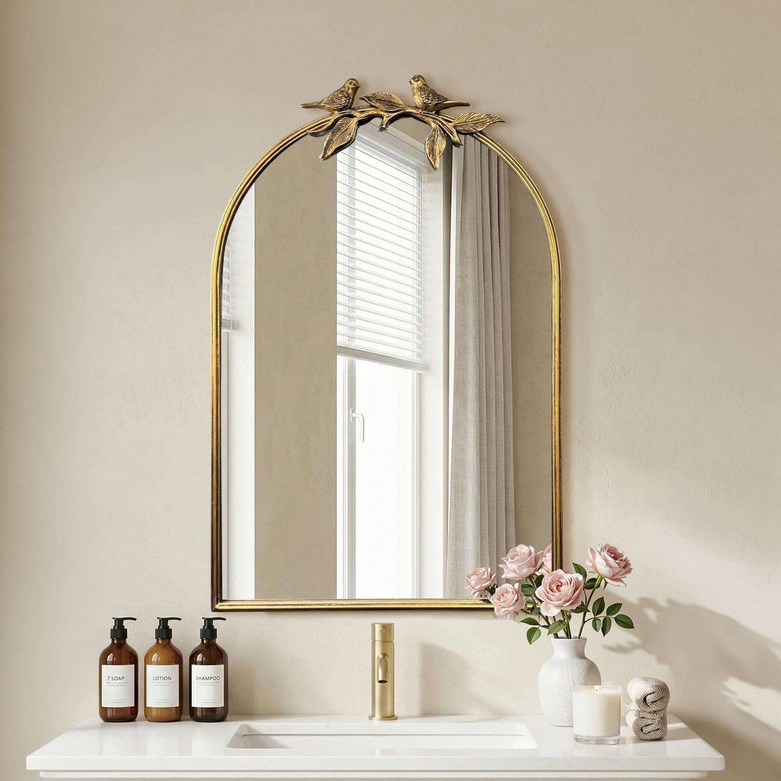 Antique Baroque Vintage Vanity Mirror 30x20Inch, Gold with Ornate Antique Frame, Arched Vintage Wall Mirror for Living Room, Fireplace, Entryway