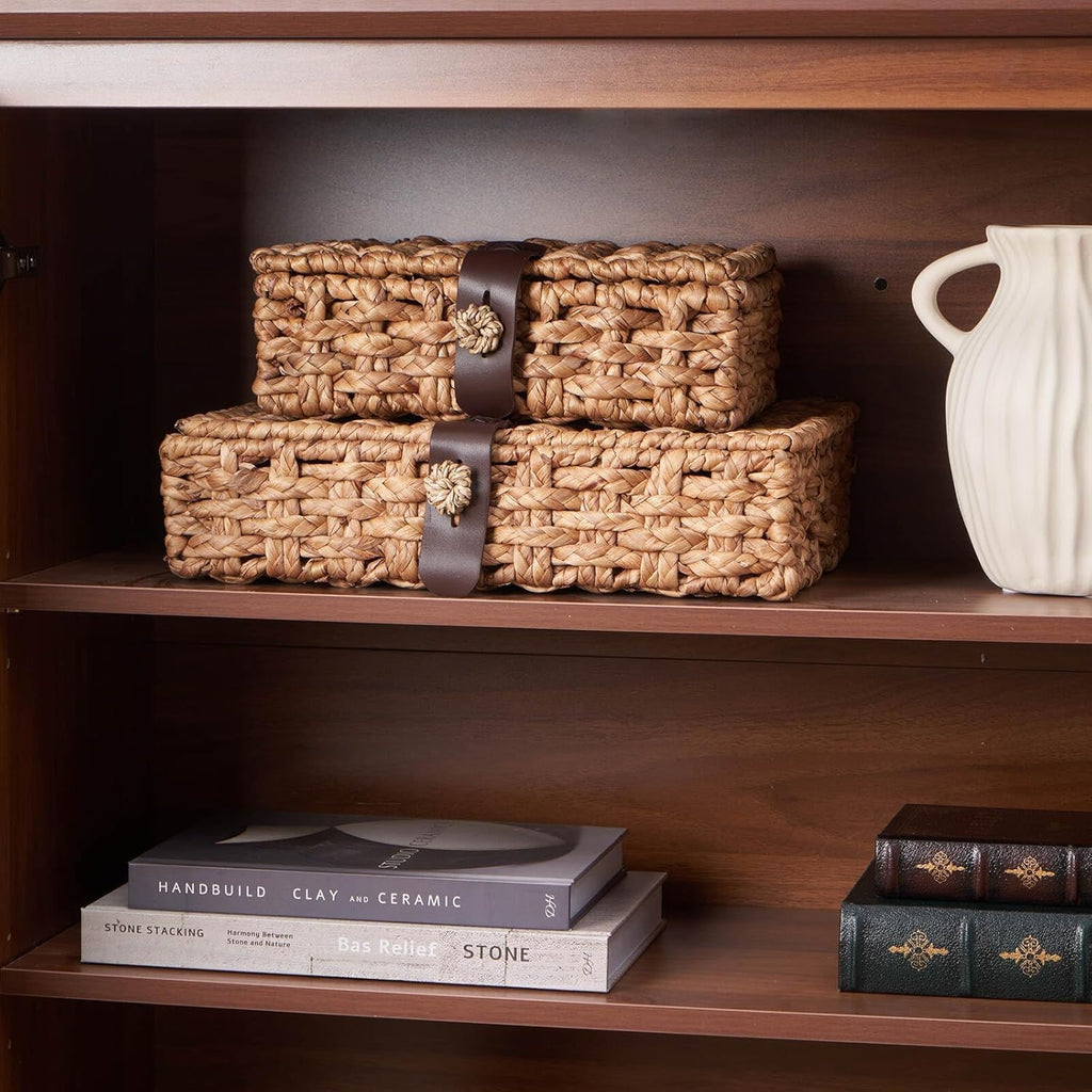 Wicker Storage Basket with Lid, 2-Piece Set Decorative Box with Lid, Water Hyacinth Woven Decorative Box for Shelf, Coffee Table, Console Table, Home Decor