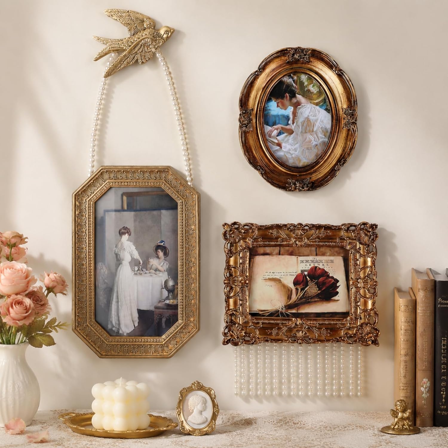Wonderjune 3 Pcs Gold Vintage Gallery Wall Picture Frame Bird Accessories Antique Oval Rectangle Pearl Baroque Resin Photo Frame Tabletop 7x9, 4x6 and 5x7 Wall Mount with Glass Art Vintage Home Decor