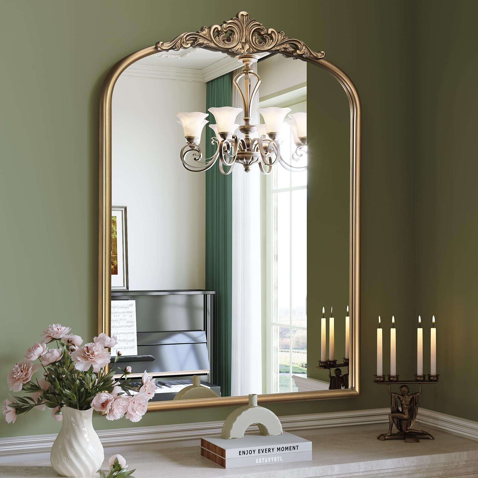 Vintage Baroque Arched Wall Mirror, 30"x40" Antique Gold Bathroom Wall Mirrors, Large Ornate Arch Bronze Mirror for Over Sink, Fireplace, Entryway, Living Room, Hanging or Leaning