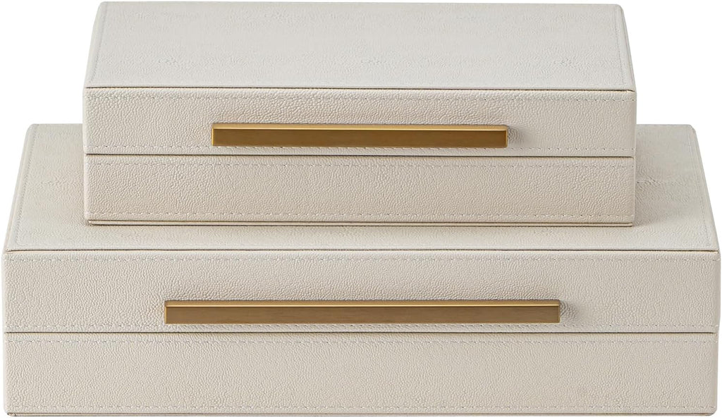 XIGEXIGE Faux Leather Large Modern Stackable Nesting Jewelry Box with Lids Organizer – Set of 2 Beige Shagreen Decorative Storage Boxes with Gold Metal Handles