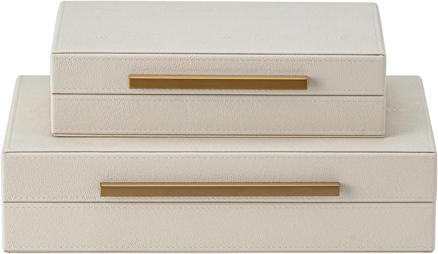XIGEXIGE Faux Leather Large Modern Stackable Nesting Jewelry Box with Lids Organizer – Set of 2 Beige Shagreen Decorative Storage Boxes with Gold Metal Handles