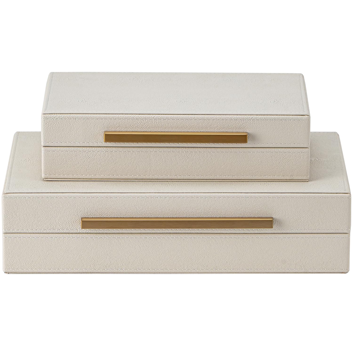 XIGEXIGE Faux Leather Large Modern Stackable Nesting Jewelry Box with Lids Organizer – Set of 2 Beige Shagreen Decorative Storage Boxes with Gold Metal Handles