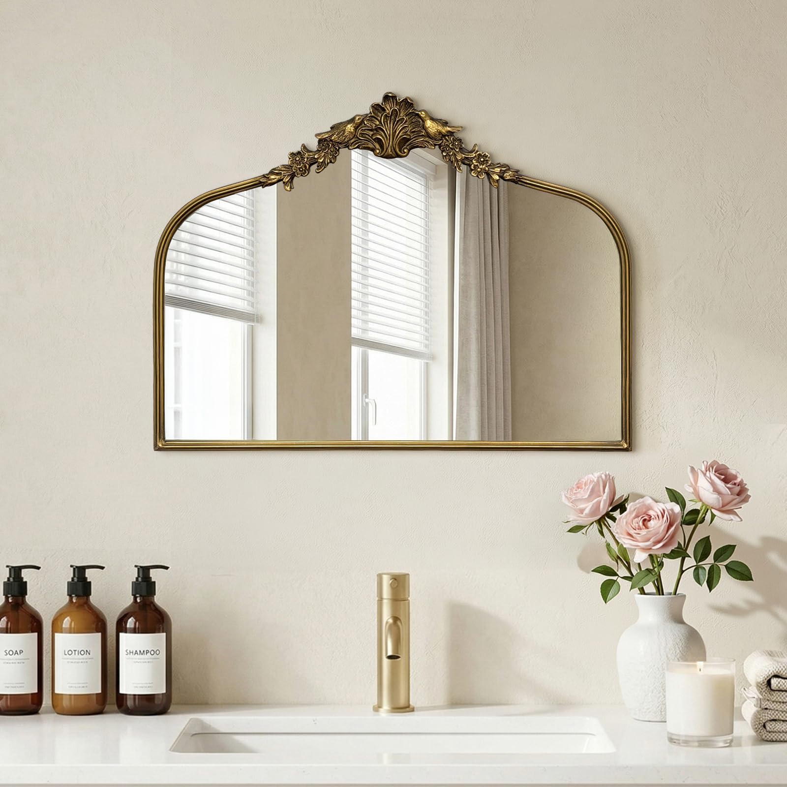 Antique Baroque Vintage Vanity Mirror 30x20Inch, Gold with Ornate Antique Frame, Arched Vintage Wall Mirror for Living Room, Fireplace, Entryway