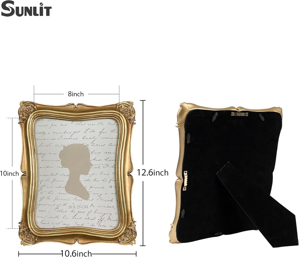 Sunlit Vintage Picture Frame 8x10 Inch Set of 2, Luxury Antique Photo Frames with Glass Front, Photo Display, Tabletop Wall Hanging, Gold