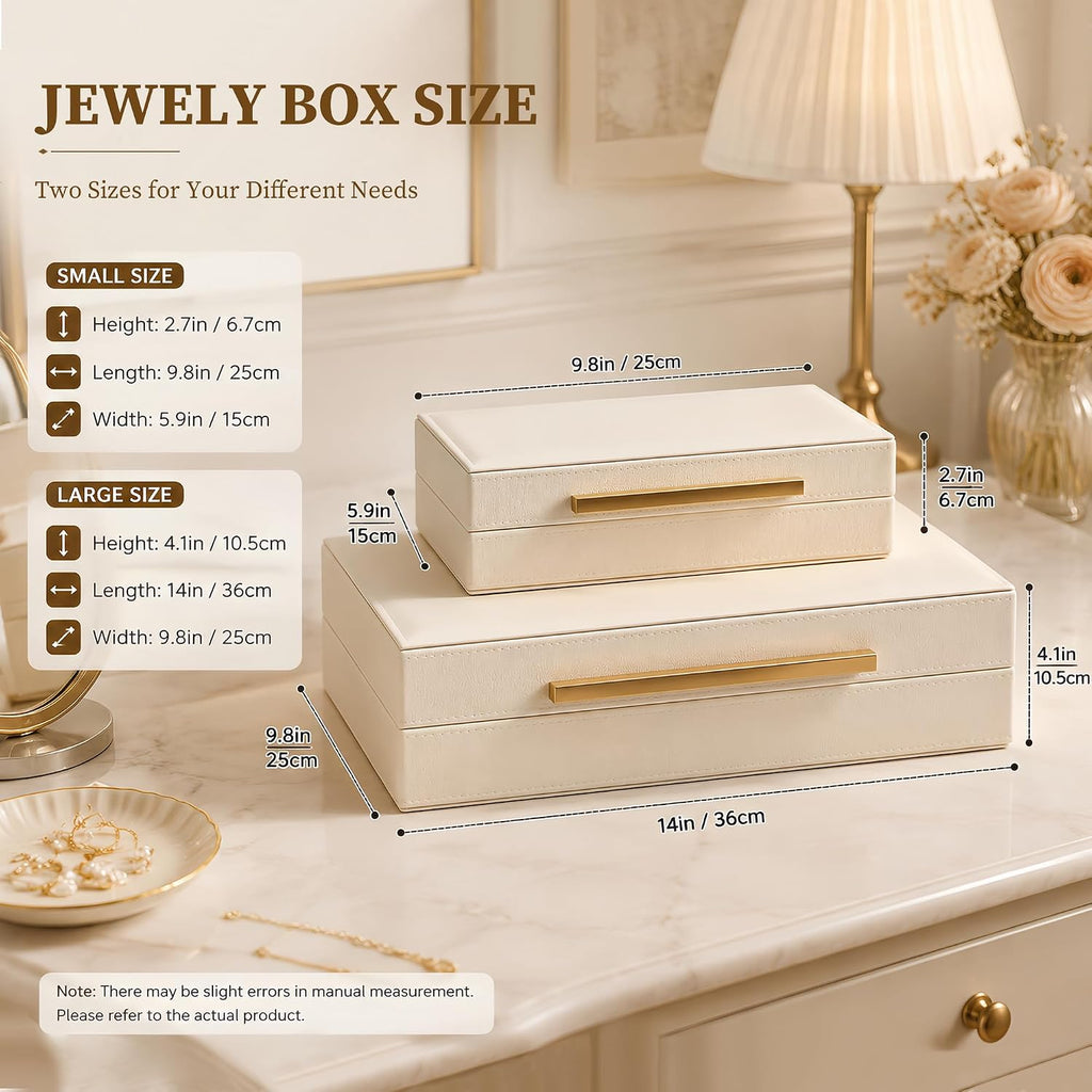 Set of 2 Shagreen Decorative Box, Modern Faux Leather Beige Decorative Storage Boxes with Lids and Metal Handles, Jewelry & Memory Box for Home, Office Decor (Beige+Gold Handles)