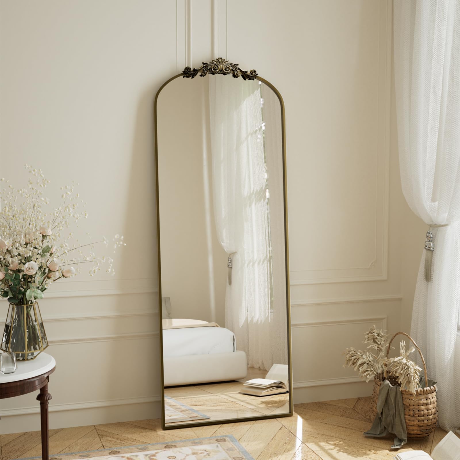 BEAUTYPEAK 56"x21" Arch Mirror Full Length, Traditional Vintage Ornate Baroque Mirror with Bottom Corner Pattern, Hanging or Leaning for Entryway/Bathroom/Fireplace/Bathroom, Black