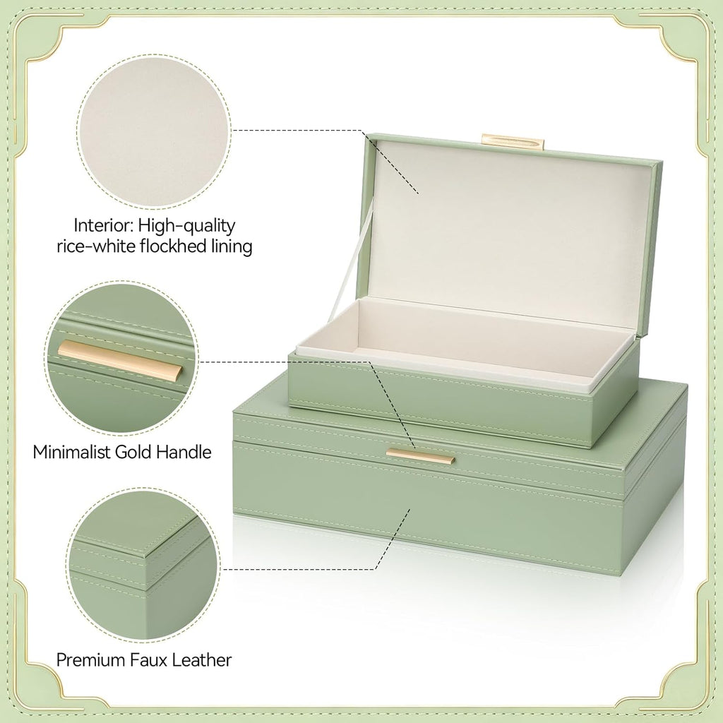 Pinkunn Faux Leather Decorative Boxes with Lids Set of 2 Beautiful PU Leather Organizer Bins for Your Bookshelf Home Large Nesting Storage Decorative Boxes for Modern Stacking Jewelry Box(Sage Green)