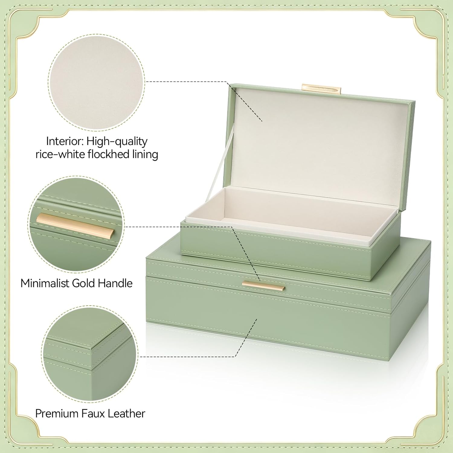 Pinkunn Faux Leather Decorative Boxes with Lids Set of 2 Beautiful PU Leather Organizer Bins for Your Bookshelf Home Large Nesting Storage Decorative Boxes for Modern Stacking Jewelry Box(Sage Green)