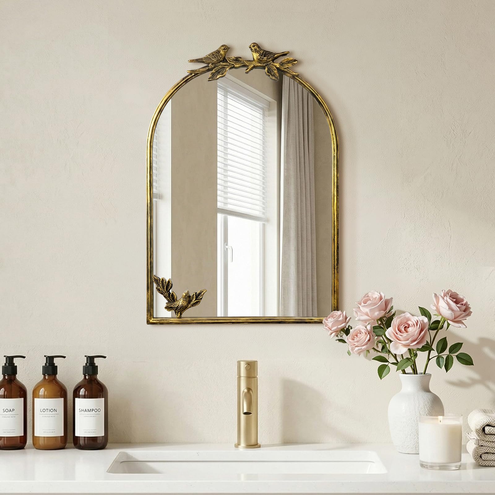 Antique Baroque Vintage Vanity Mirror 30x20Inch, Gold with Ornate Antique Frame, Arched Vintage Wall Mirror for Living Room, Fireplace, Entryway