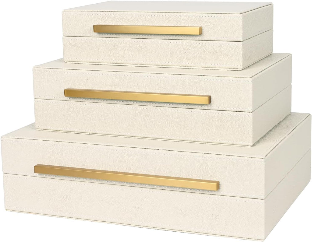 Beige Shagreen Decorative Box Set of 3 - Faux Leather Nesting Storage Boxes with Lids, Large Modern Jewelry Organizer, Stackable Home Decor Box for Bedroom, Bathroom & Office