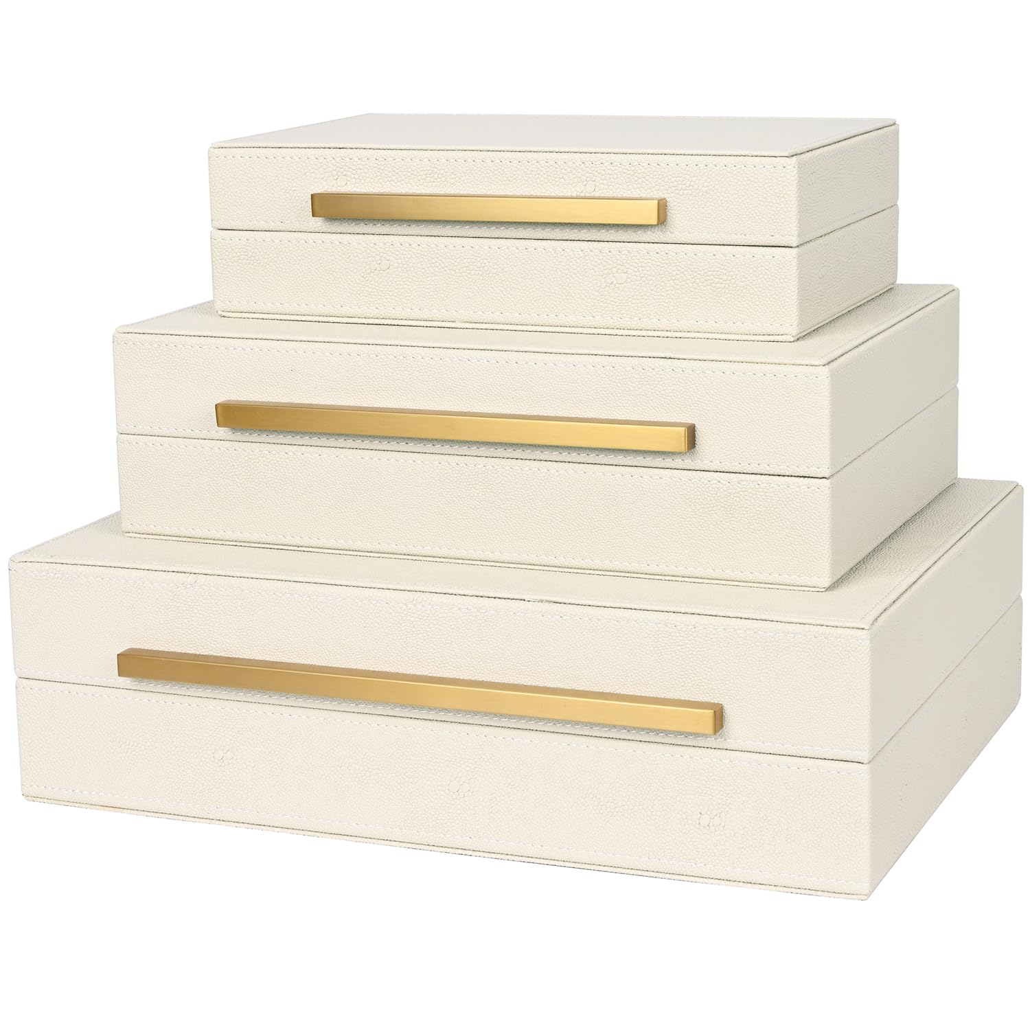 Beige Shagreen Decorative Box Set of 3 - Faux Leather Nesting Storage Boxes with Lids, Large Modern Jewelry Organizer, Stackable Home Decor Box for Bedroom, Bathroom & Office