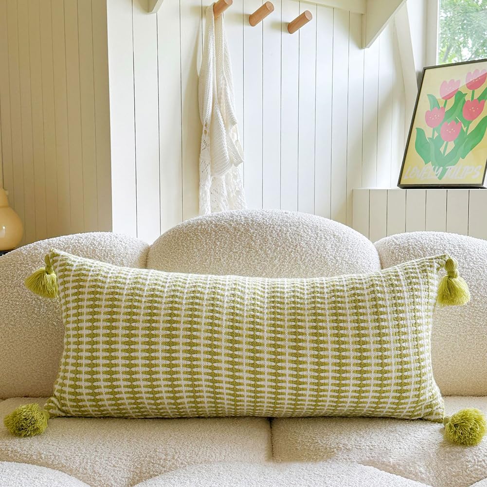 Knit Throw Pillow with Tassels Includes Insert, Soft Boho Decorative Square Pillow for Couch Sofa, Chunky Cotton Feel, Light Green (Square)