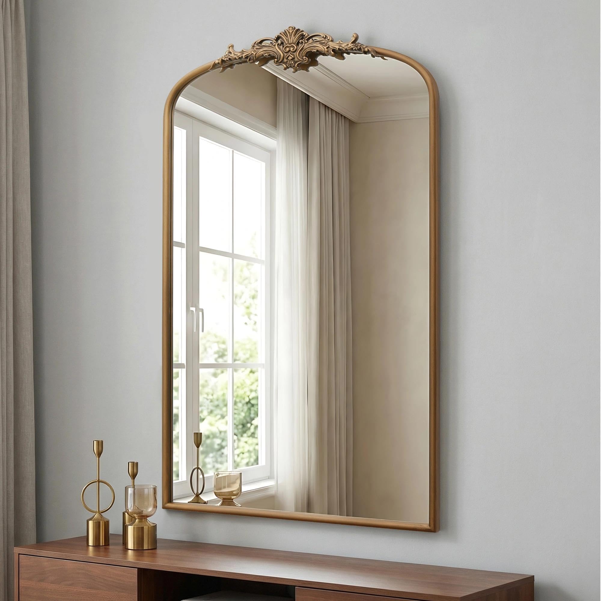 Besdomus Vintage Arched Gold Mirror: 40"x29" French Large Brass Antique Wall Vanity Mirror - Decorative Baroque Traditional Ornate for Entryway/Fireplace/Bathroom/Bedroom - Ideal for Home Renovations