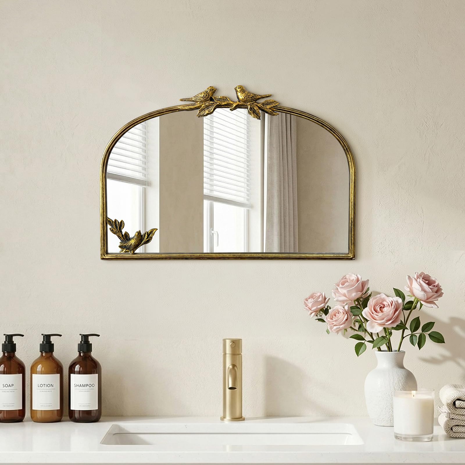 Antique Baroque Vintage Vanity Mirror 30x20Inch, Gold with Ornate Antique Frame, Arched Vintage Wall Mirror for Living Room, Fireplace, Entryway