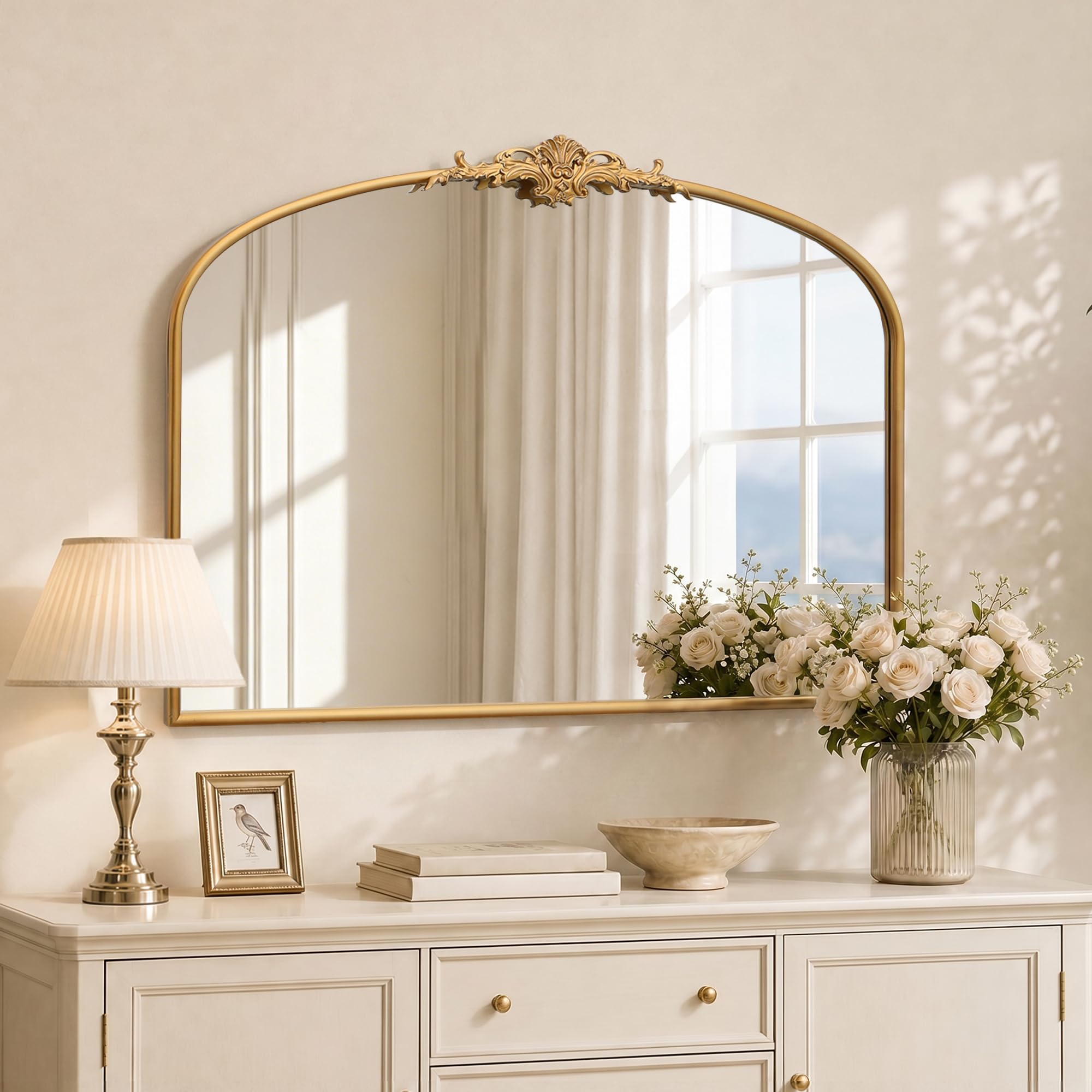 Besdomus Vintage Arched Gold Mirror: 40"x29" French Large Brass Antique Wall Vanity Mirror - Decorative Baroque Traditional Ornate for Entryway/Fireplace/Bathroom/Bedroom - Ideal for Home Renovations