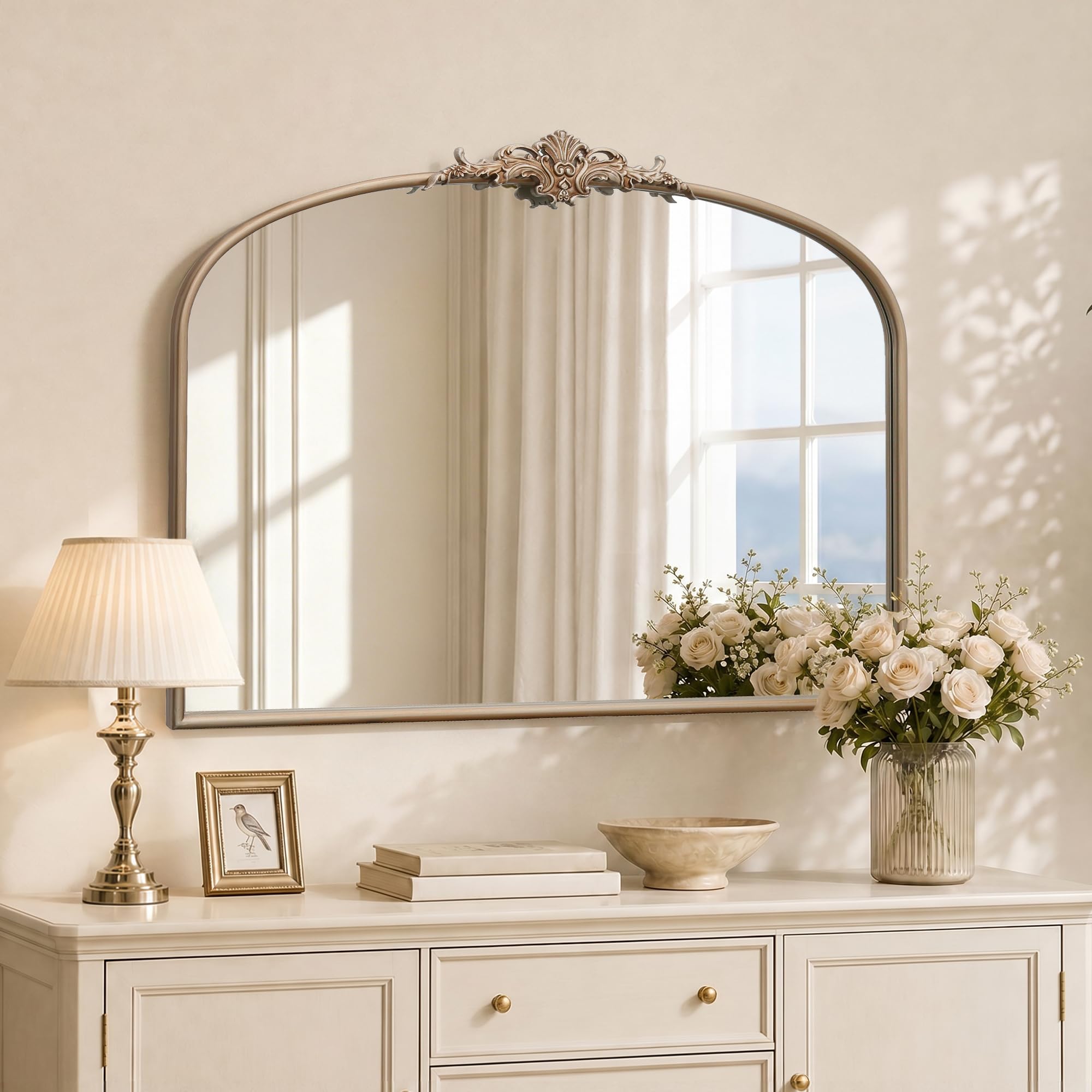 Besdomus Vintage Arched Gold Mirror: 40"x29" French Large Brass Antique Wall Vanity Mirror - Decorative Baroque Traditional Ornate for Entryway/Fireplace/Bathroom/Bedroom - Ideal for Home Renovations
