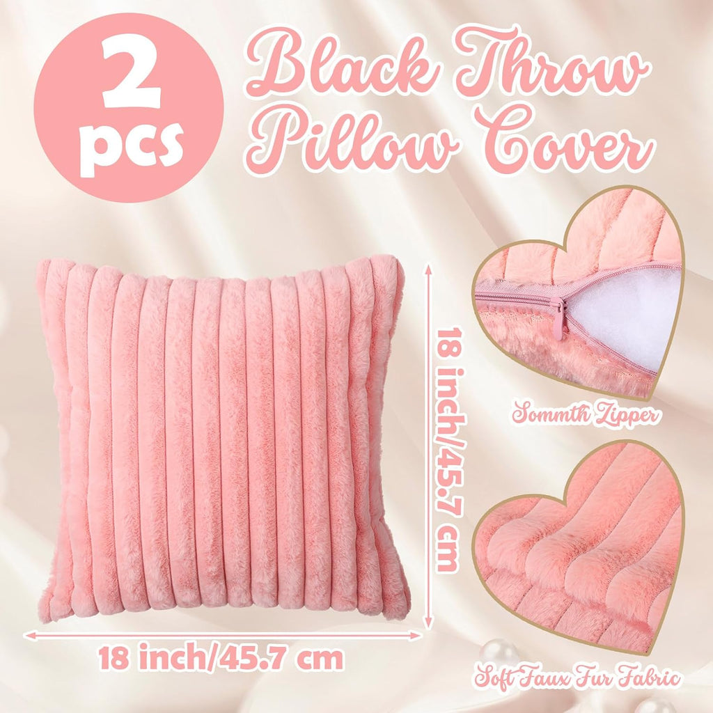 Tegeme Set of 3 Knot Pillow Ball and 18" Throw Pillowcases Fuzzy Striped, Soft Knotted Home Decor Pillow, 2 Faux Fur Cushion Covers Aesthetic Cushion and Cases for Sofa Bed Bedroom Living Room (Pink)