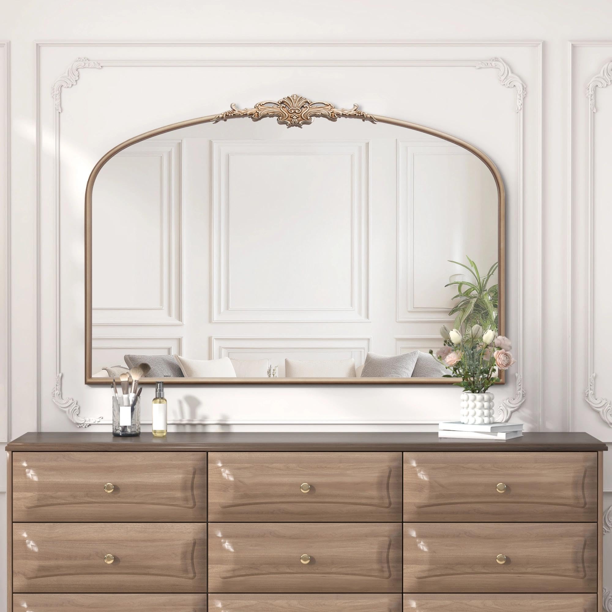 Besdomus Vintage Arched Gold Mirror: 40"x29" French Large Brass Antique Wall Vanity Mirror - Decorative Baroque Traditional Ornate for Entryway/Fireplace/Bathroom/Bedroom - Ideal for Home Renovations