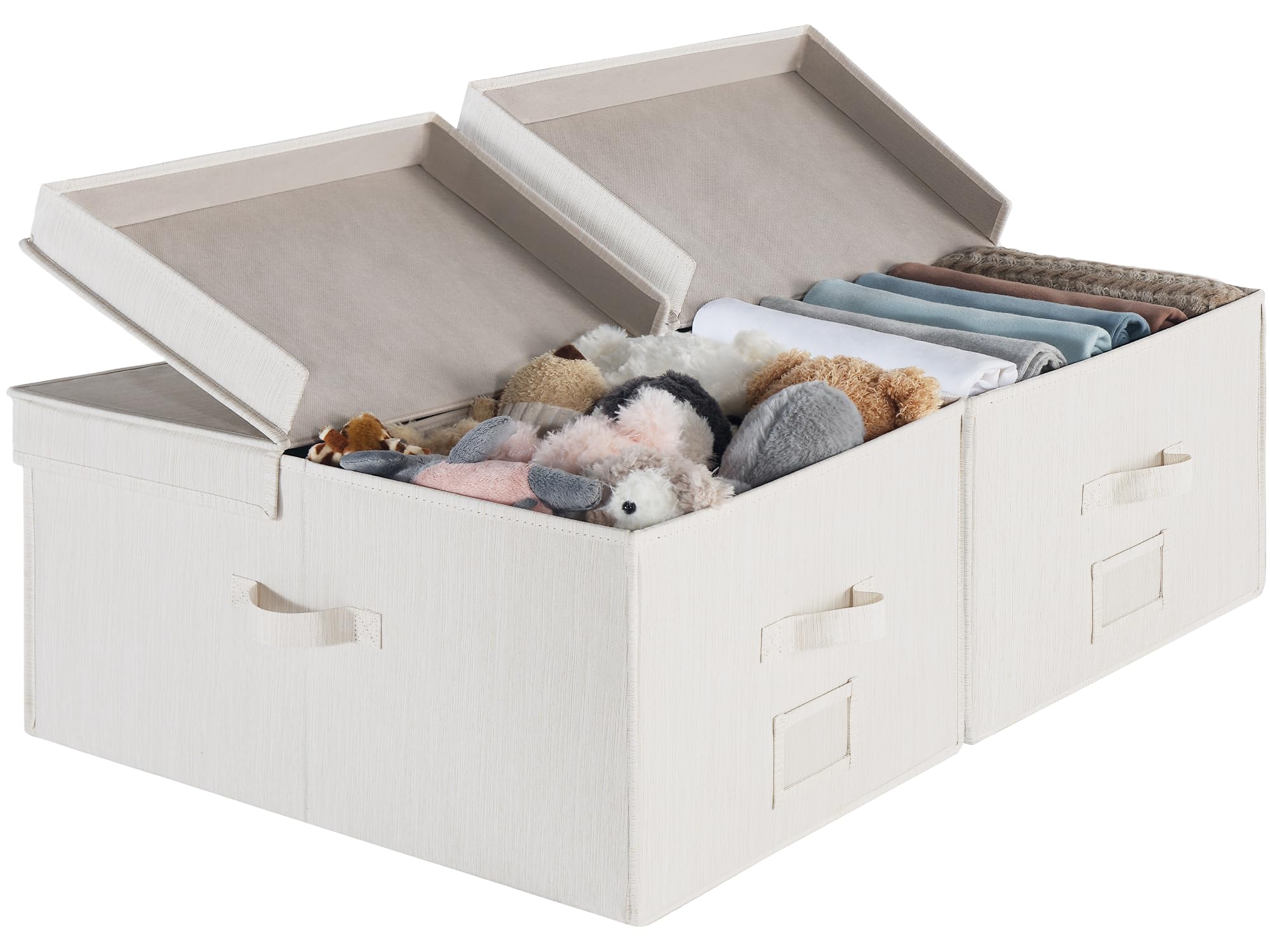 StorageWorks Extra Large Storage Bins with Lids, 55L Decorative Organizer with Divider Board, Fabric Boxes with Handles, Khaki and Beige Stripes, 2-Pack